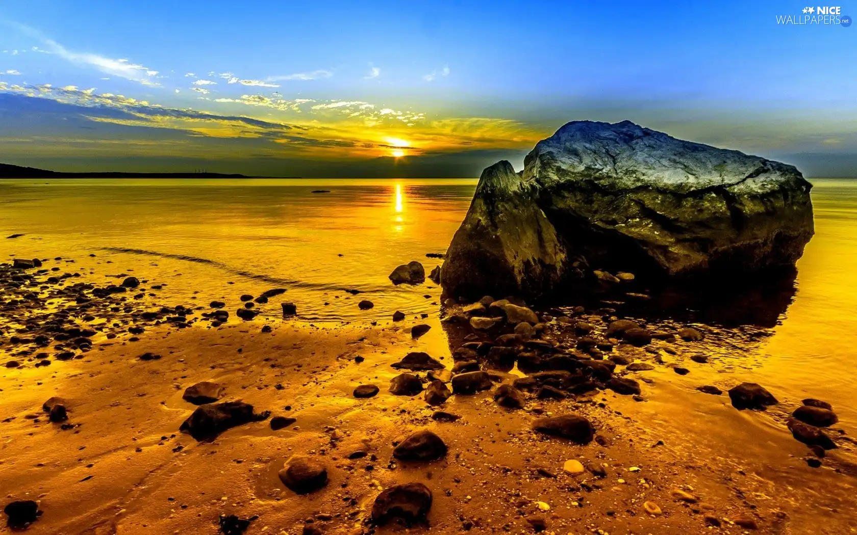 Stones, Beaches, sun, lake, west