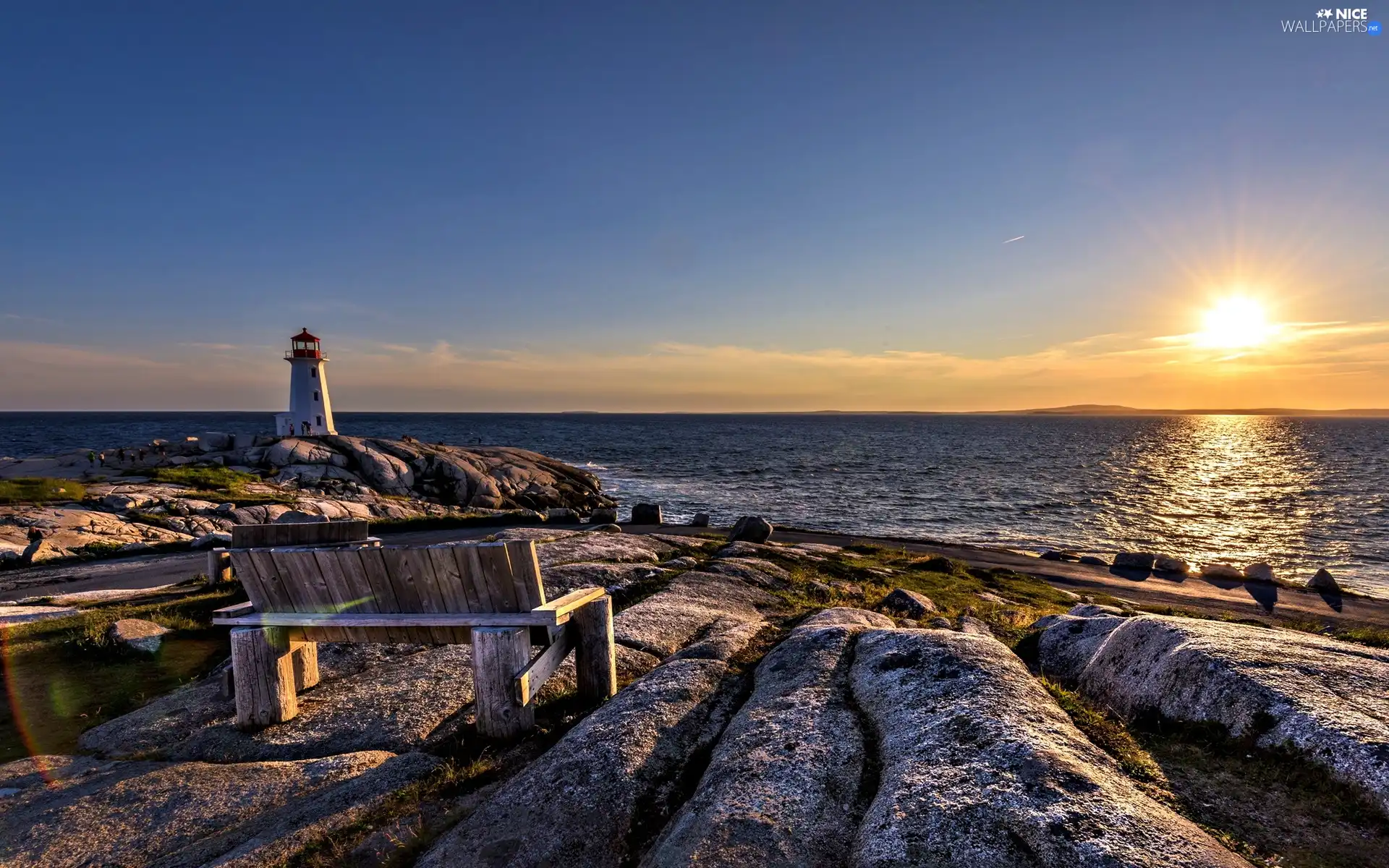 Bench, Lighthouses, sea, Stones rocks, Great Sunsets