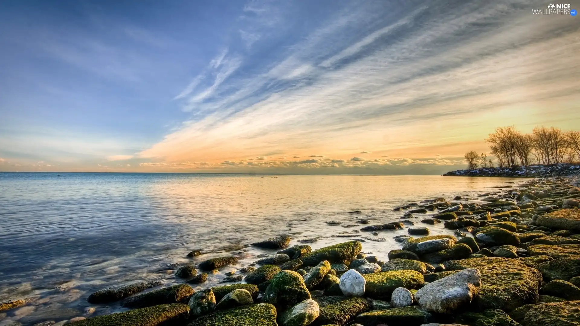 Stones, lake, clouds