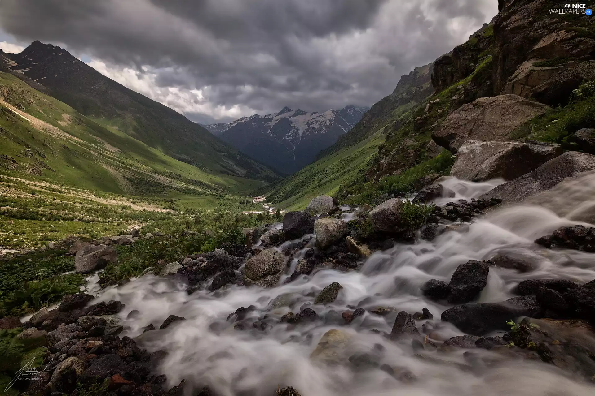 stream, Stones, clouds, mountainous, Mountains