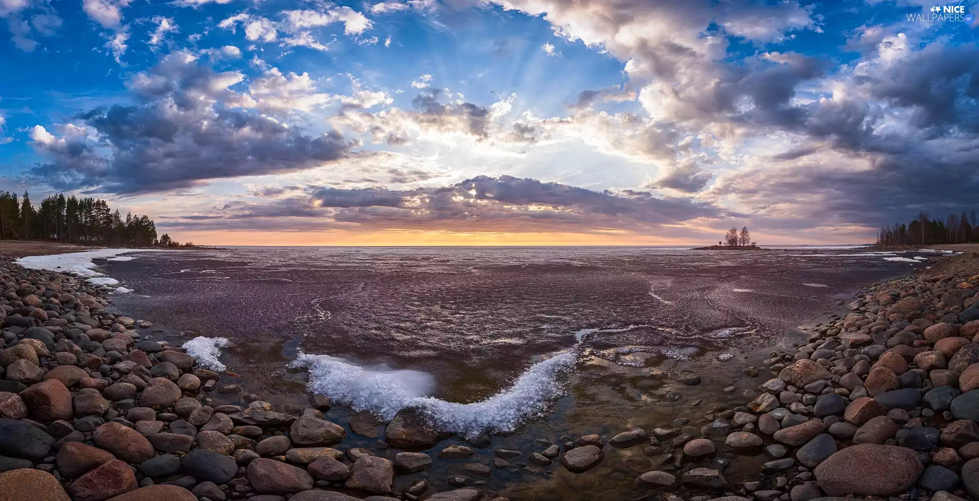 Stones, trees, Great Sunsets, viewes, clouds, coast, sea, Sky