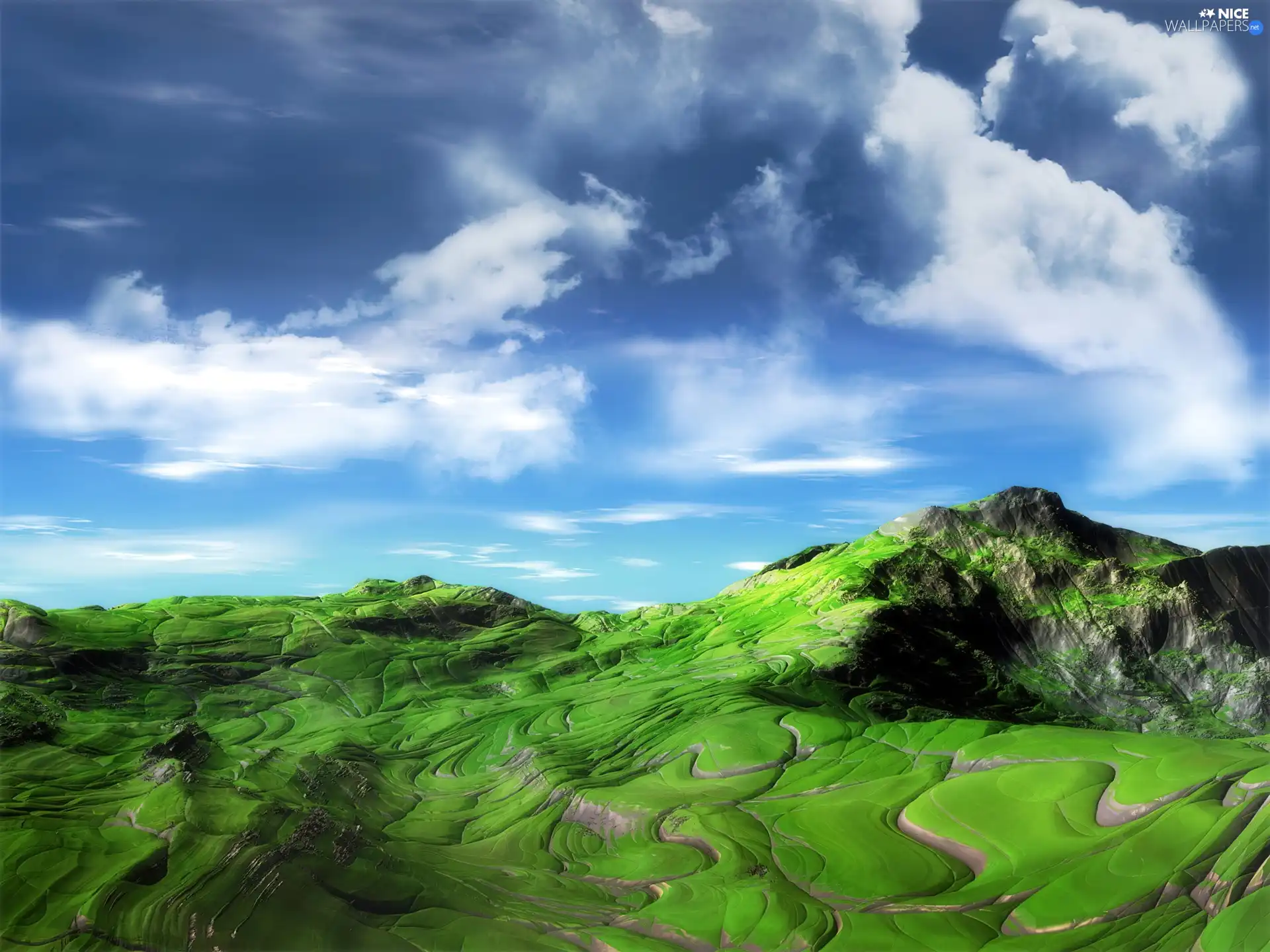 Stones rocks, Sky, Covered, greenery, land, clouds