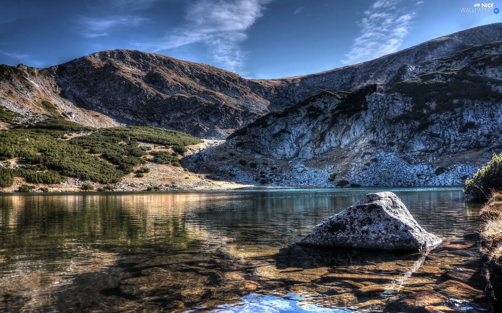 Stones, Mountains, lake