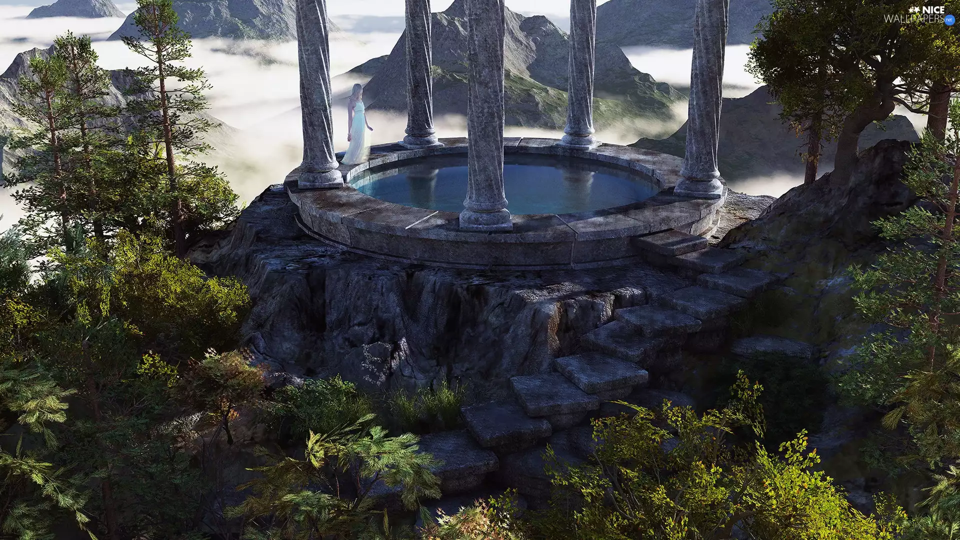 girl, column, Mountains, Stairs, Fog, well, fantasy, Stones