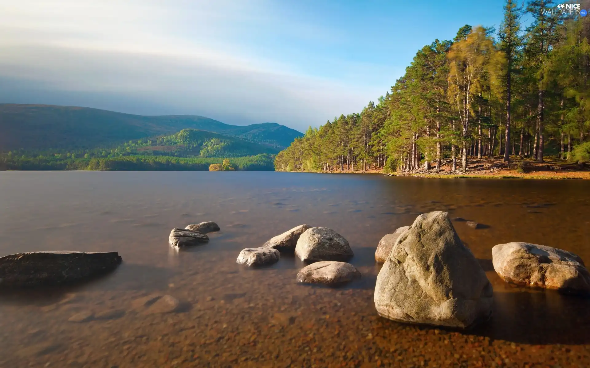 Mountains, lake, Stones, woods