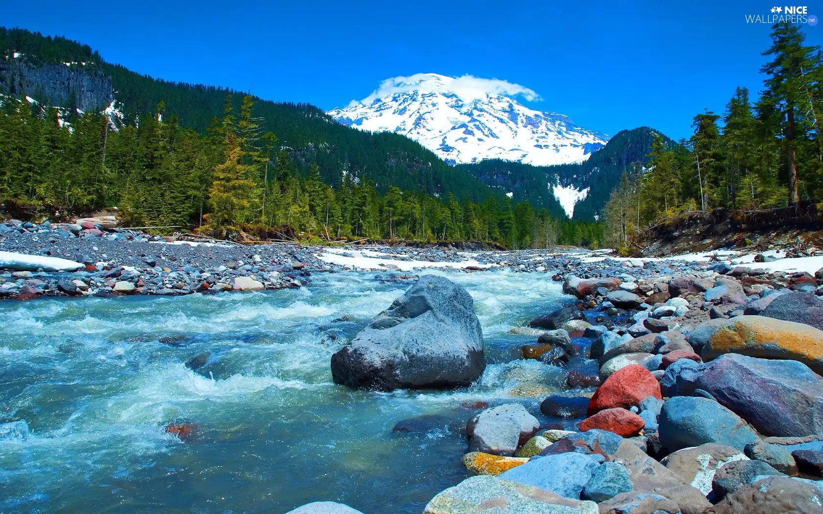 Mountains, River, Stones, woods