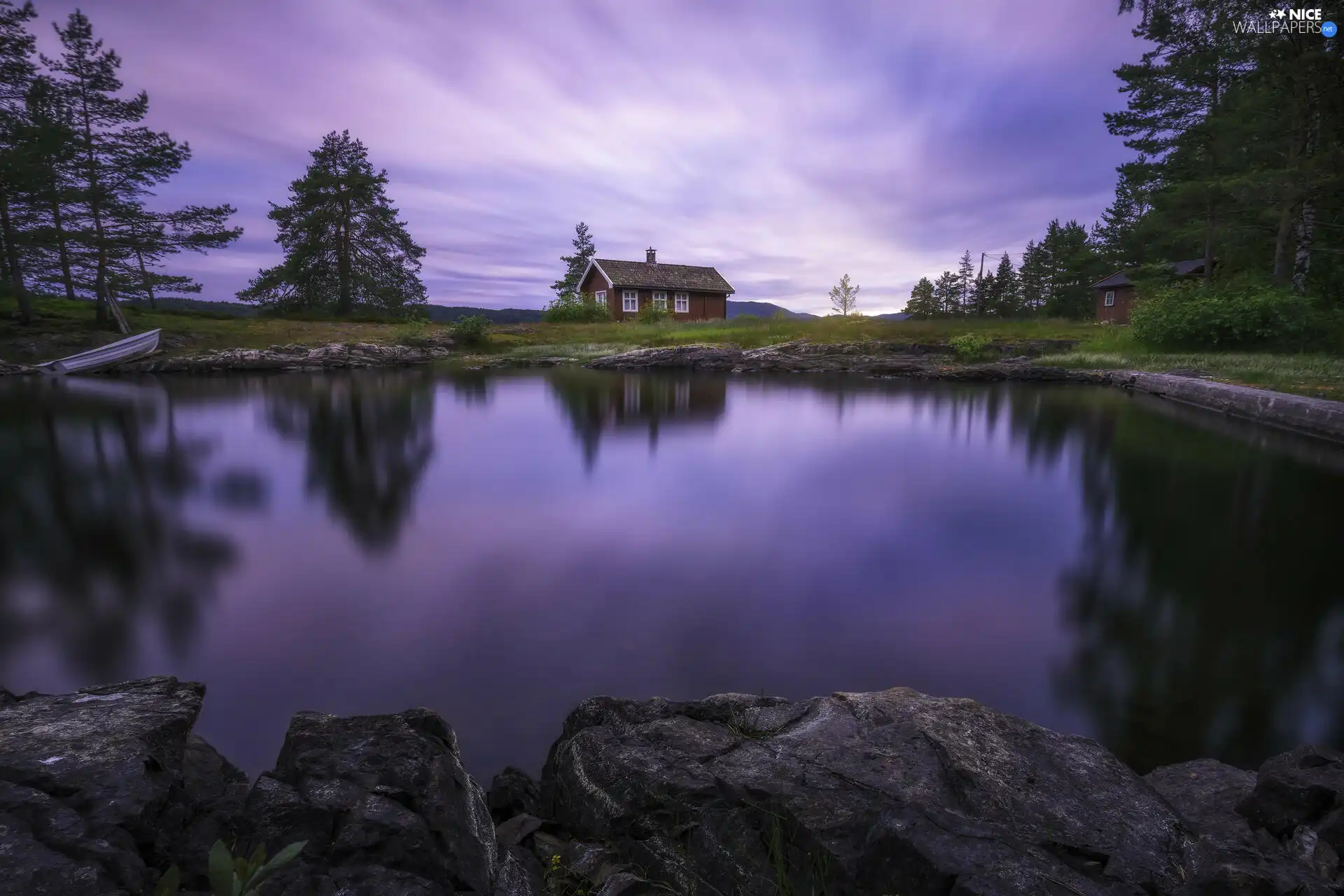 Stones, Vaeleren Lake, Boat, house, Ringerike, Norway, viewes, reflection, trees