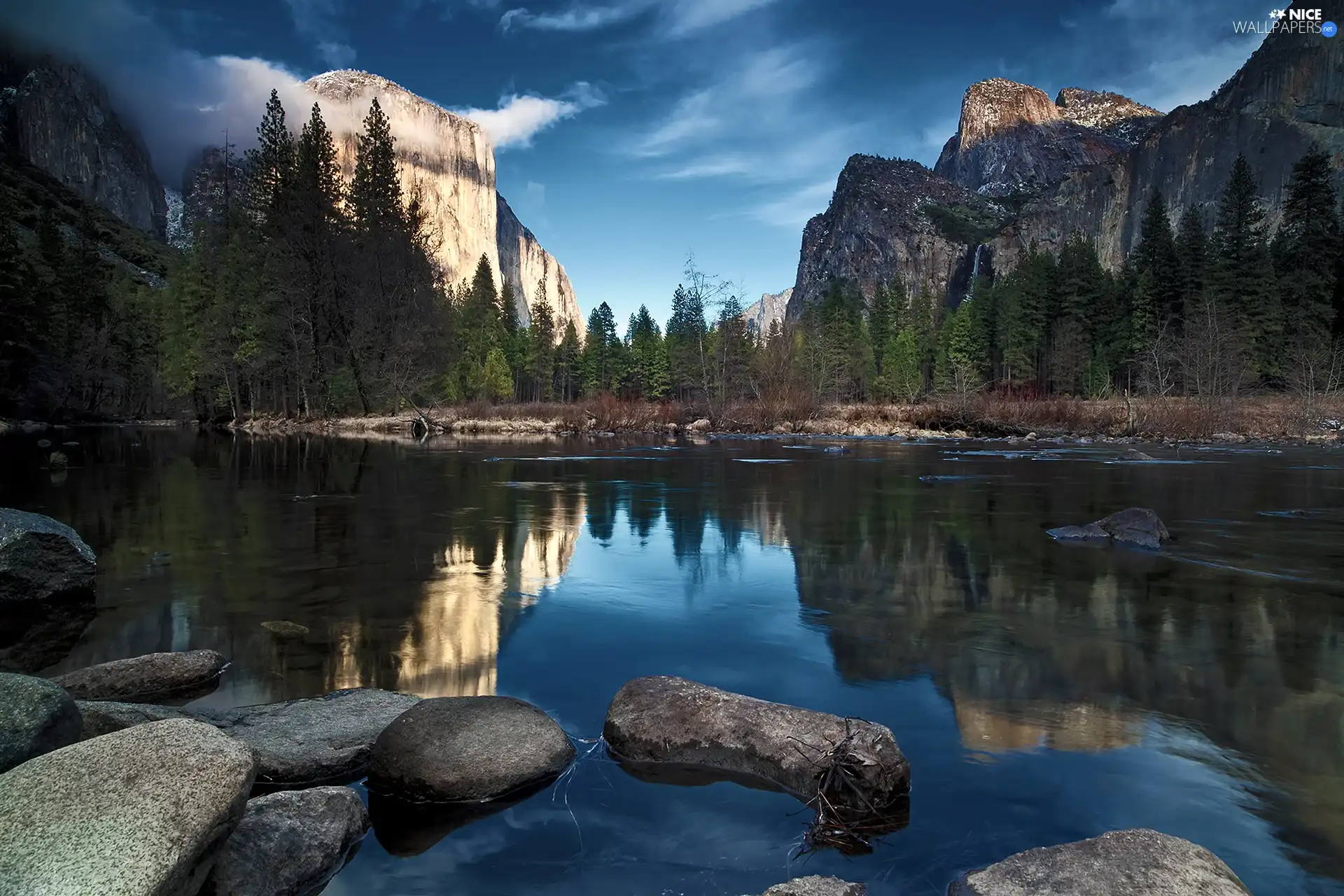 River, forest, Stones, Mountains