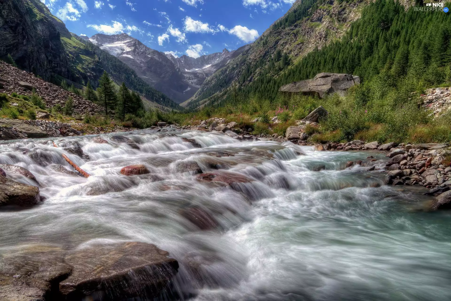 River, Mountains, Valley, Stones