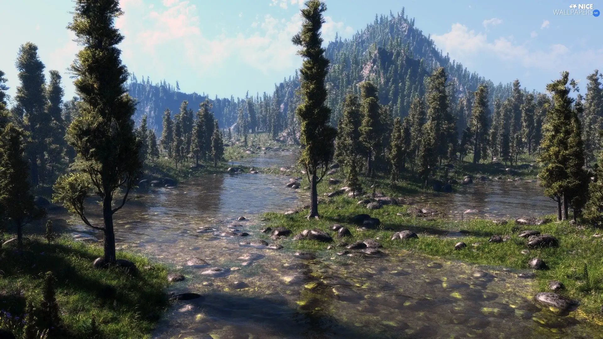 River, woods, Stones, Mountains