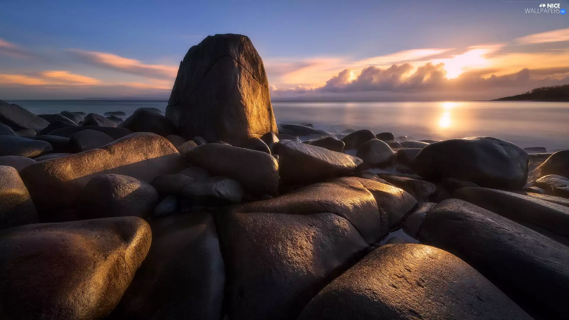 Stones, Queensland State, coast, Noosa National Park, Australia, sea, Sunrise