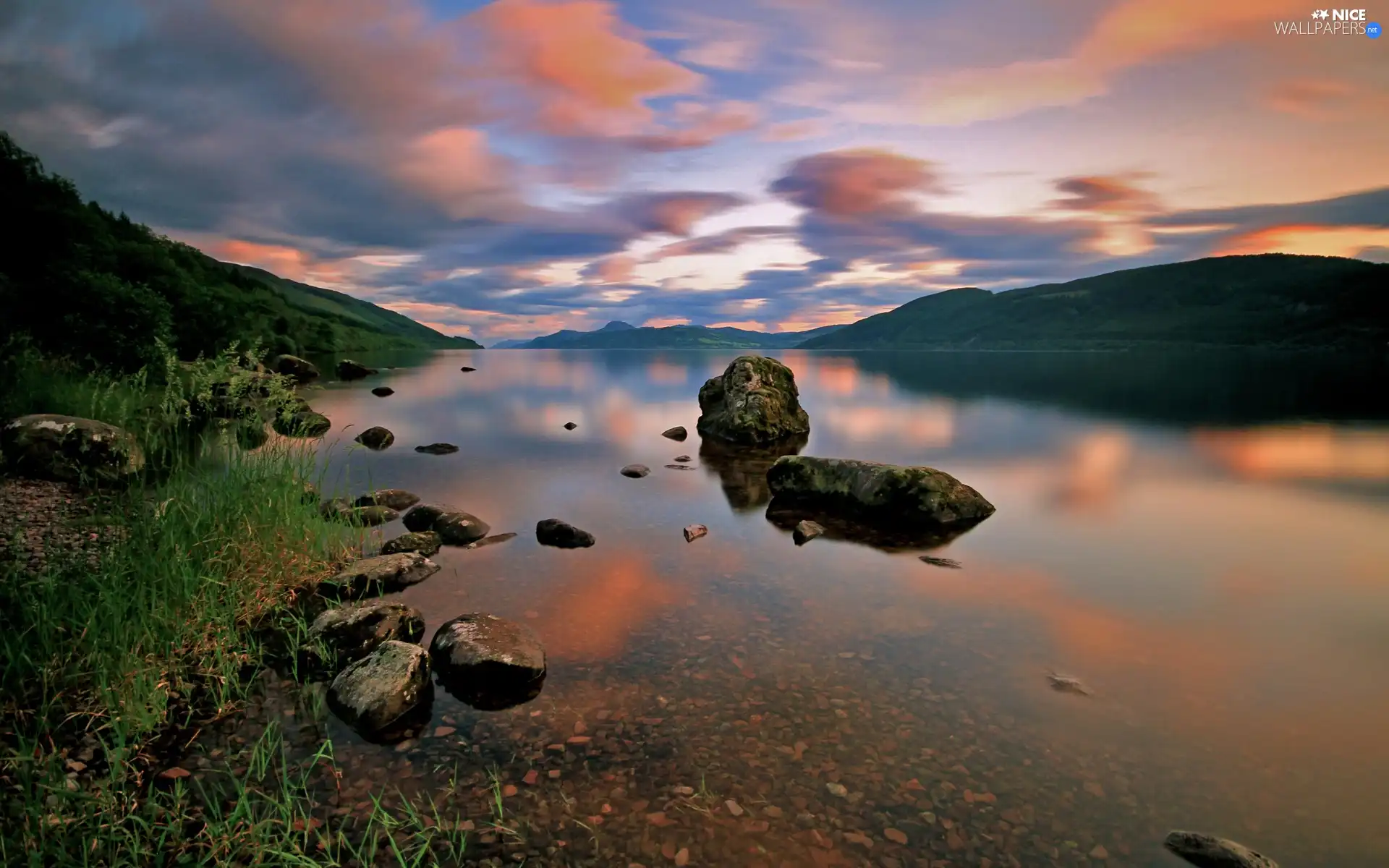 Sky, The Hills, Stones, lake