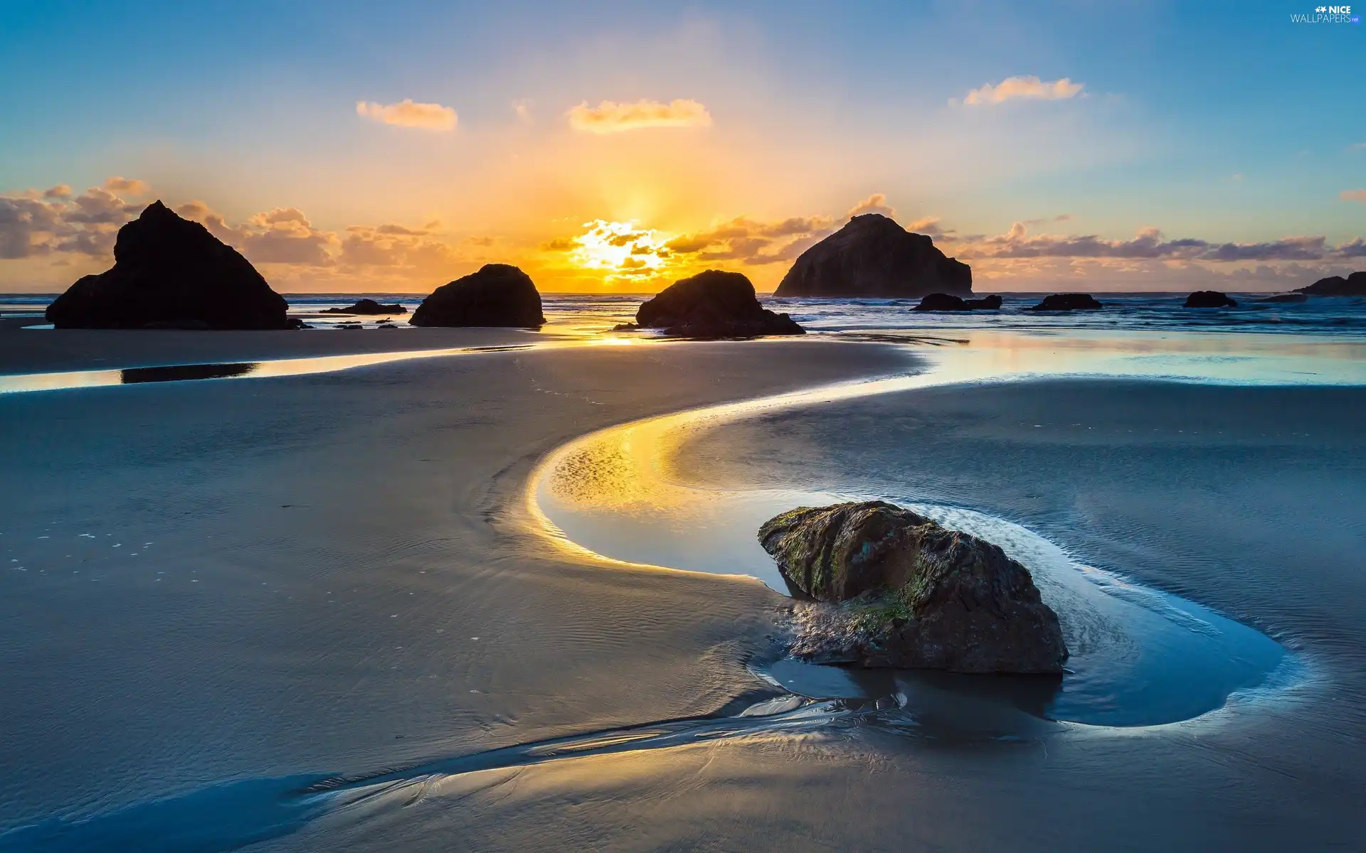 rocks, coast, west, Sand, sea, Stones, sun