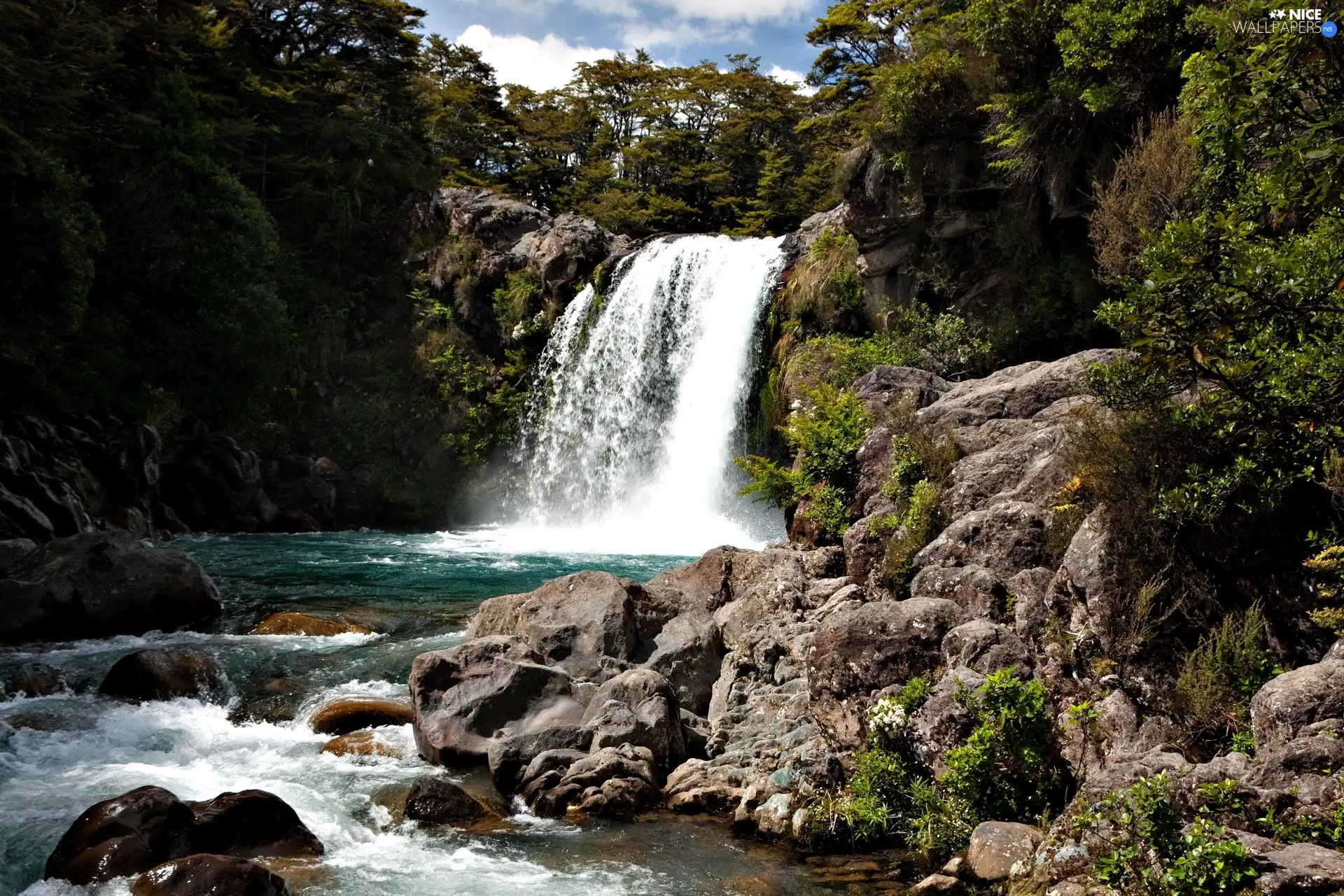 waterfall, viewes, Stones, trees