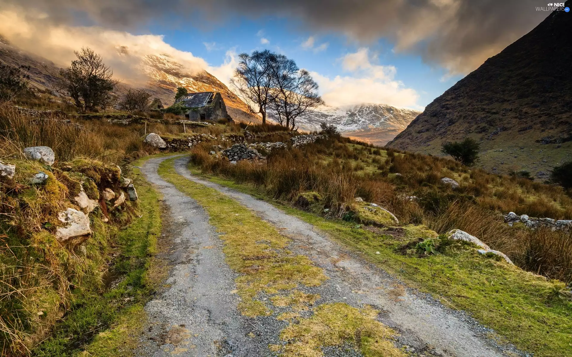 Stones, Old car, clouds, house, viewes, Way, Mountains, trees