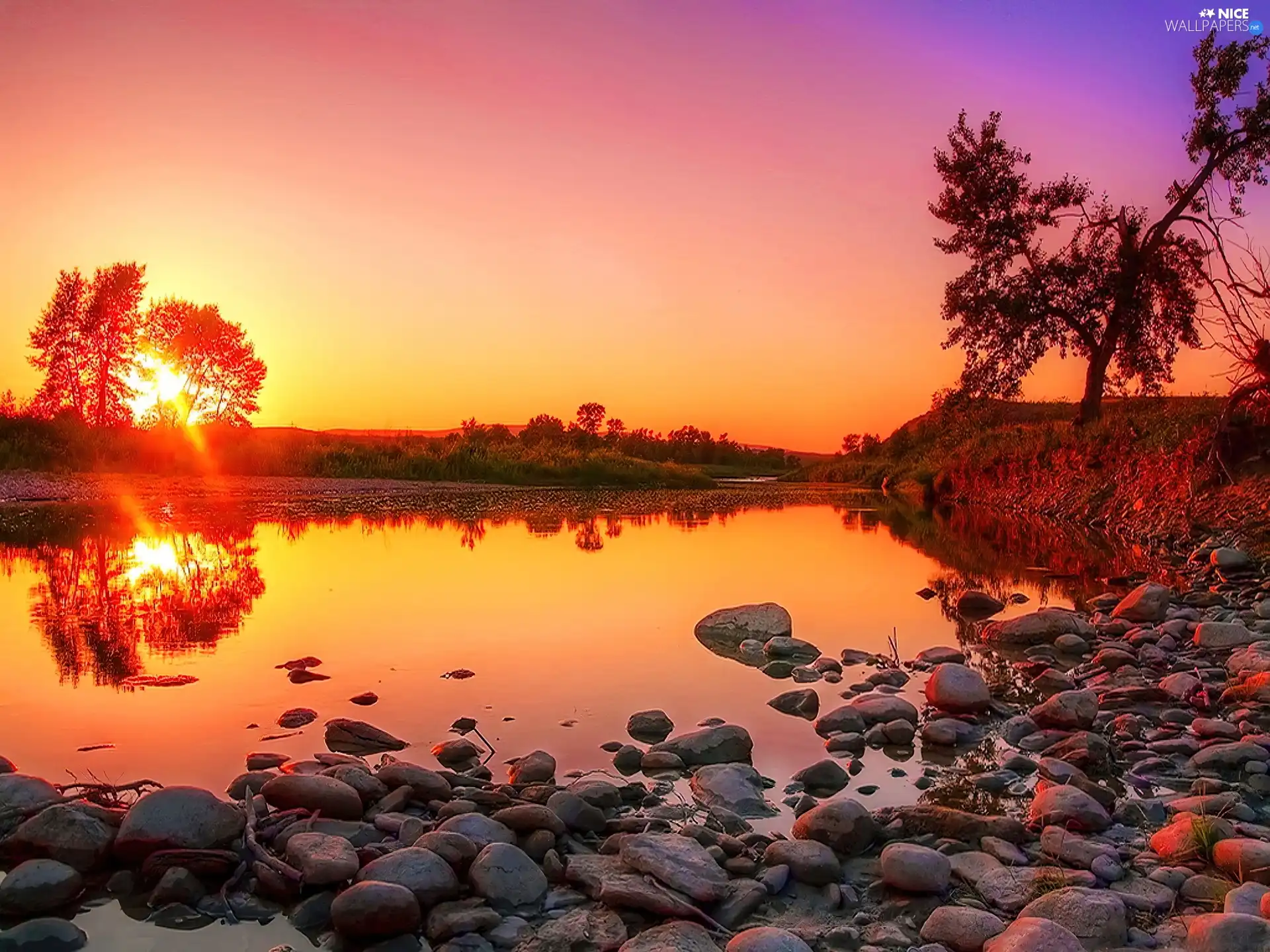 west, lake, Stones, sun