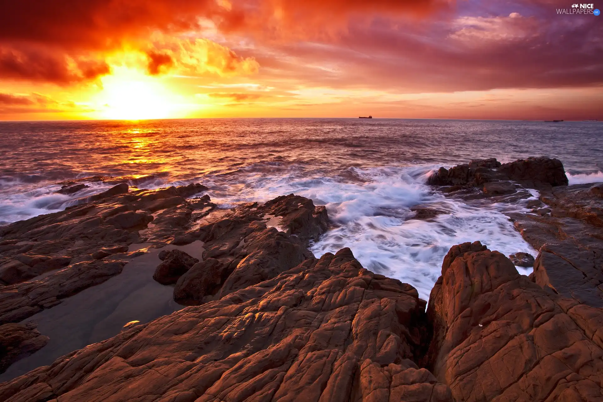 west, sea, Stones rocks, sun