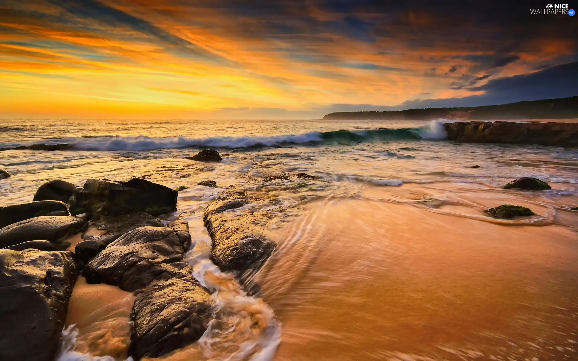 west, sea, Stones rocks, sun