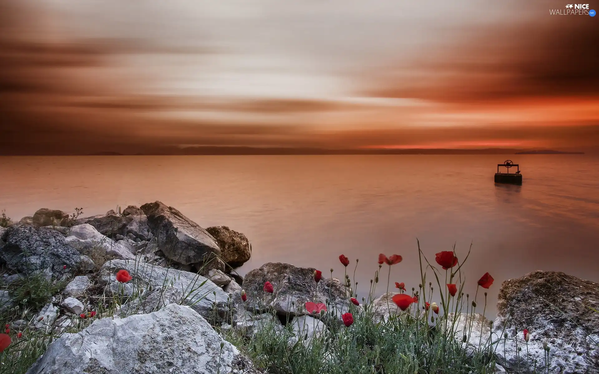 west, sea, Stones, sun