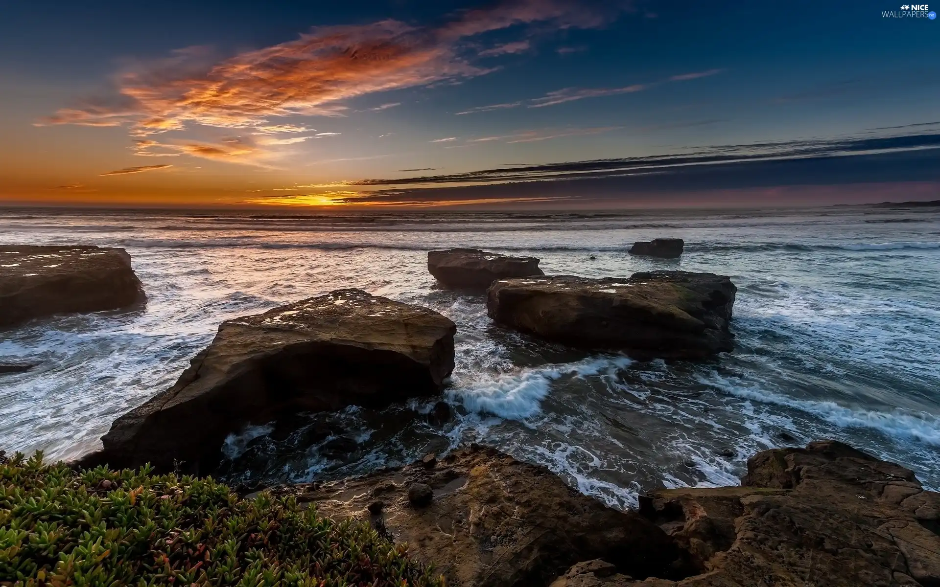 west, sea, Stones, sun