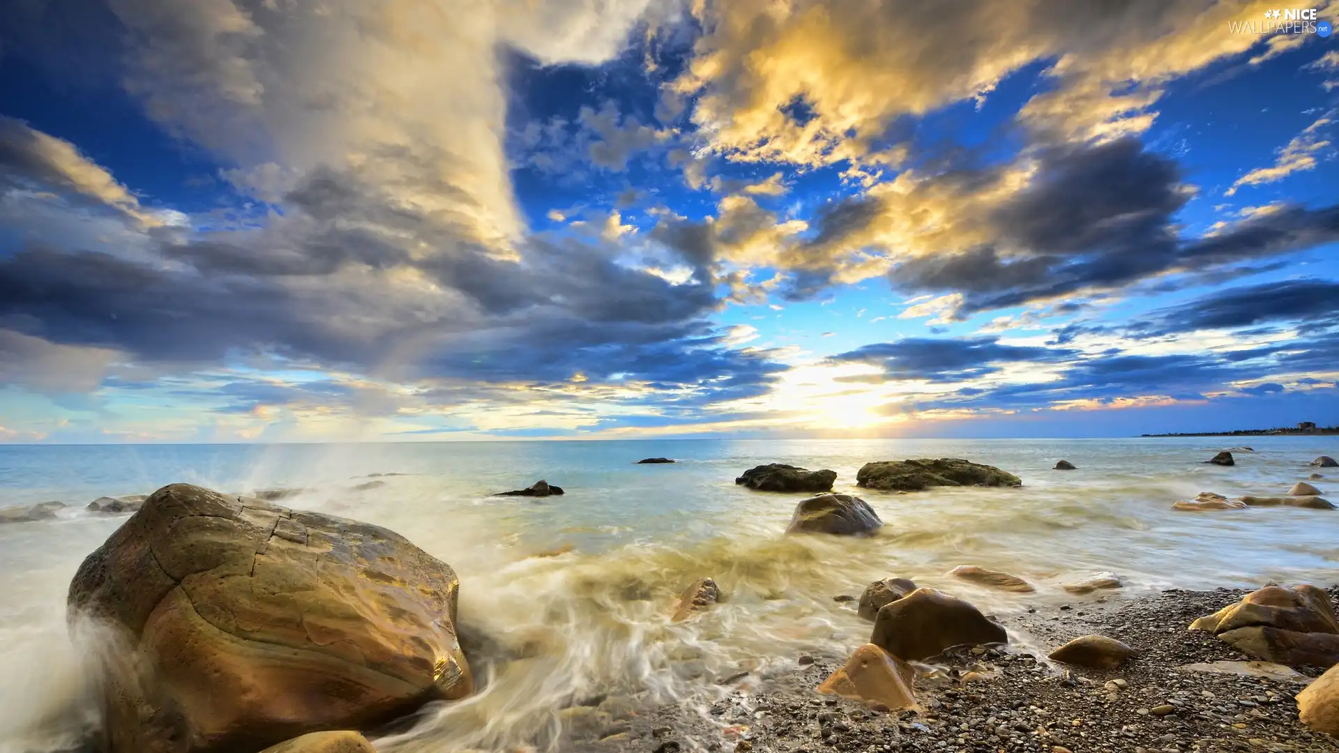 west, sea, Stones, sun