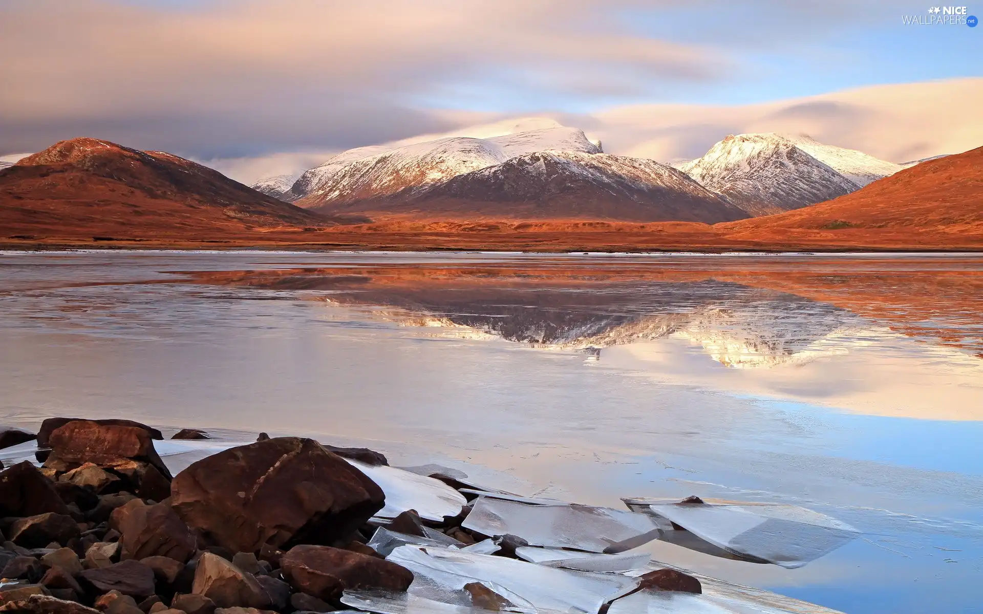 Stones, winter, frozen, lake, Mountains