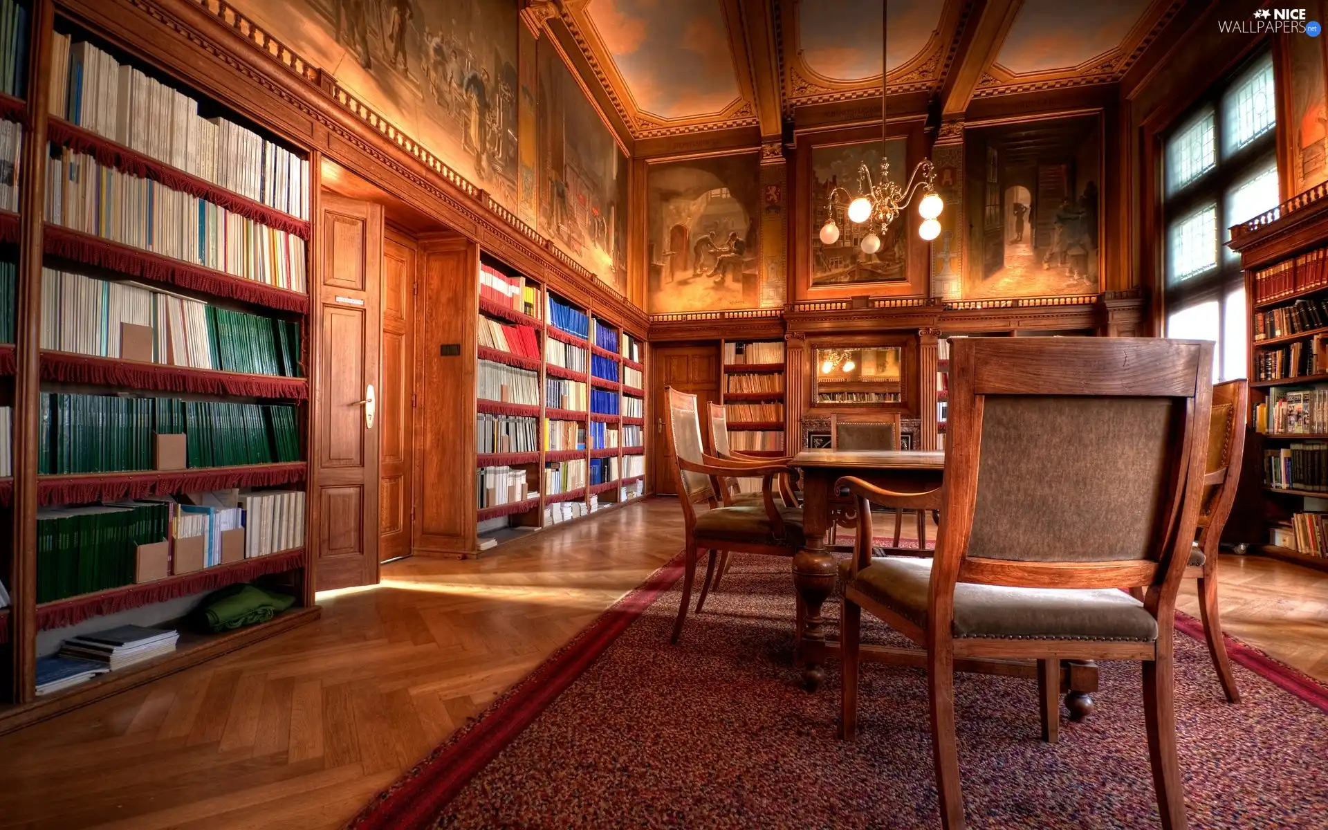 Stool, paintings, shelves, Books, reading room