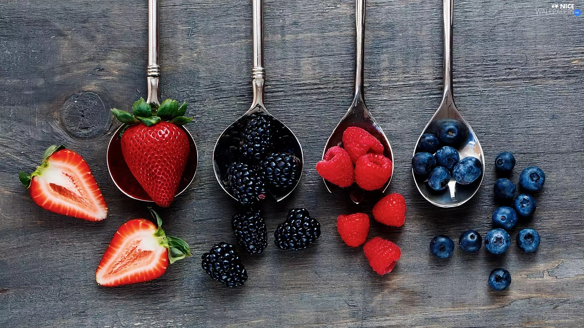 blackberries, Fruits, blueberries, strawberries, composition, raspberries, Spoons