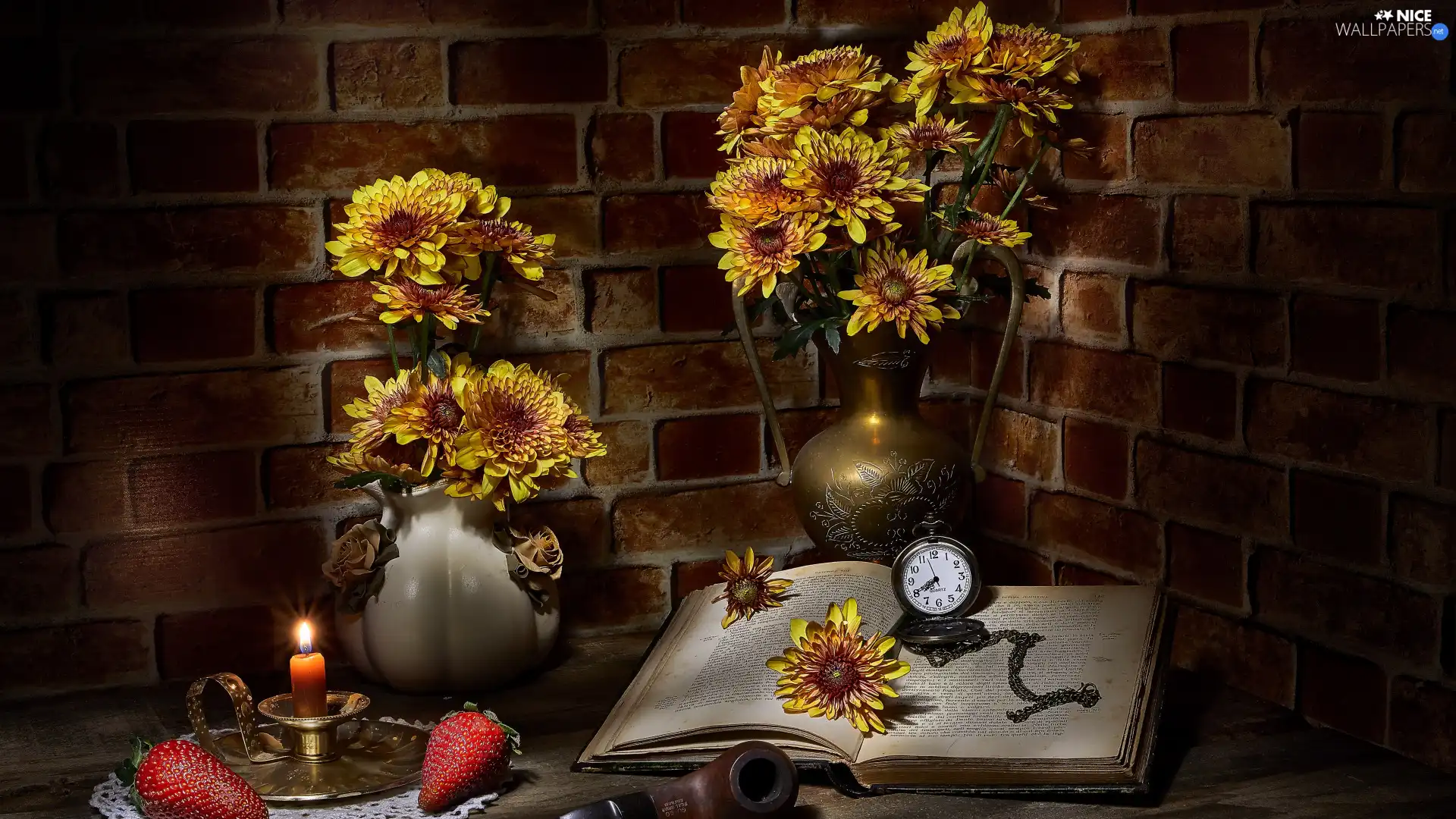 Book, Flowers, Candle, strawberries, alarm clock, Chrysanthemums