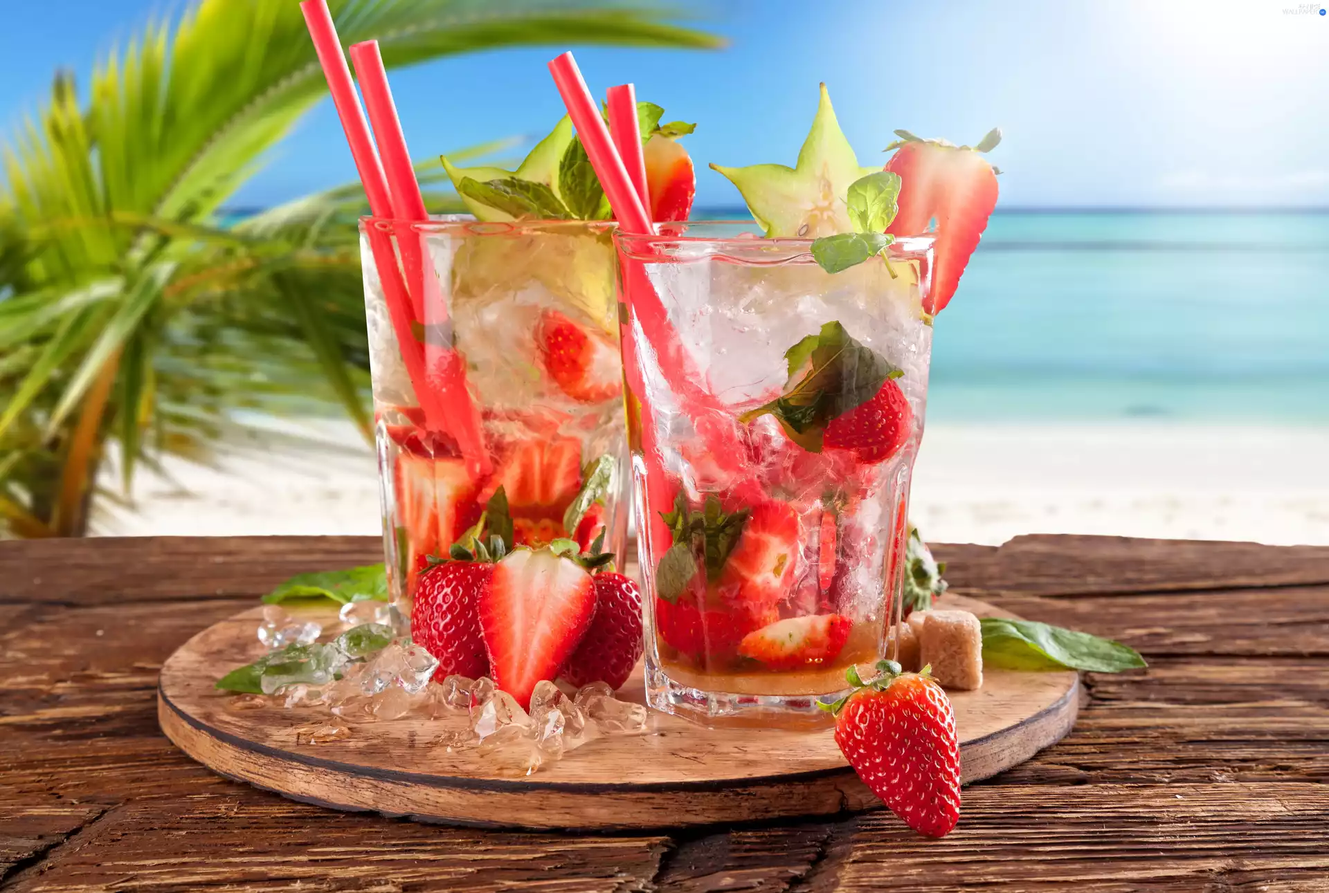 drinks, sea, Palms, strawberries