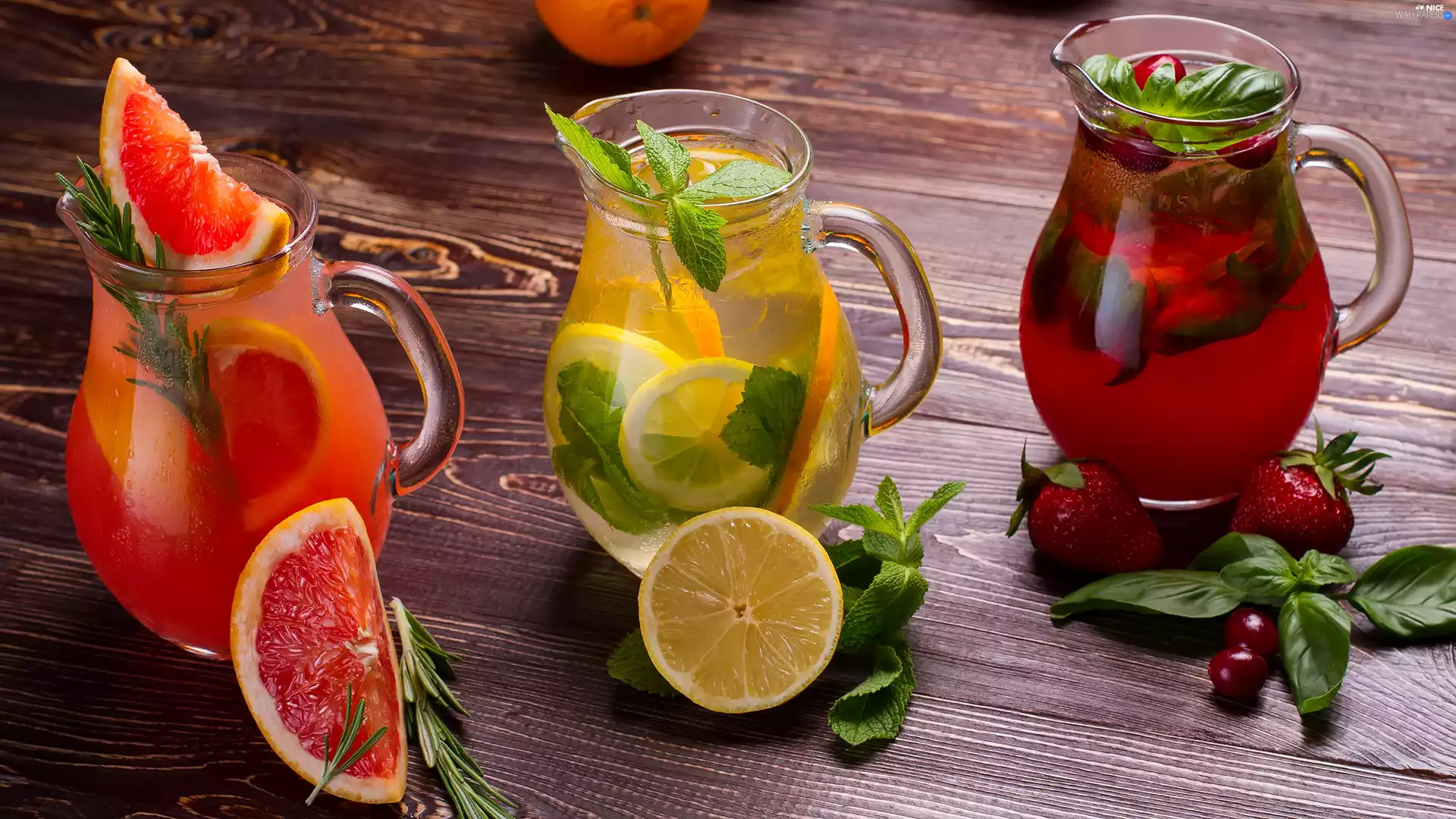 drinks, Three, Lemon, strawberries, grape-fruit, Jugs