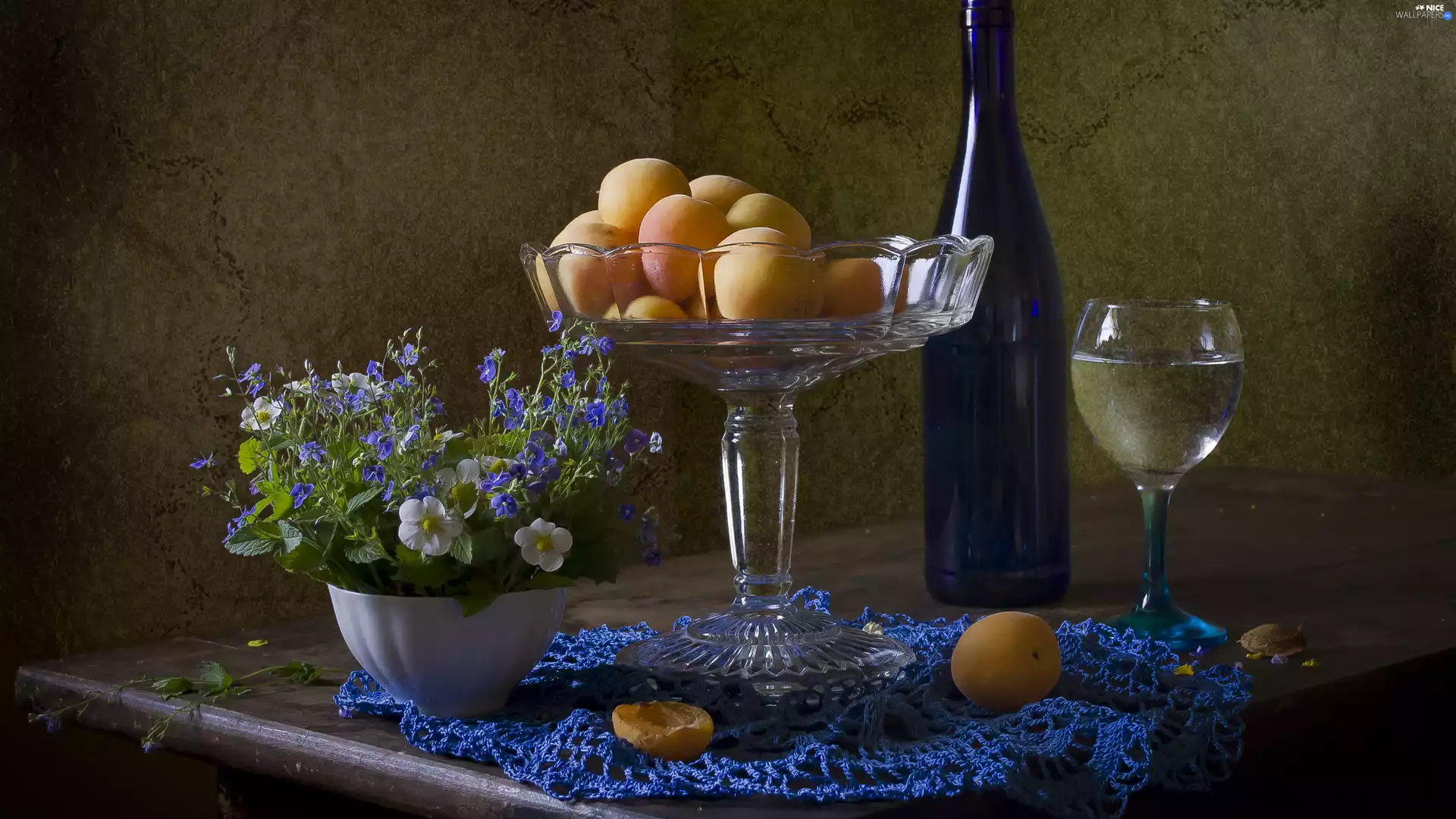 strawberries, plateau, Bottle, Blue, glass, composition, apricots, tablecloth, speedwell, Flowers