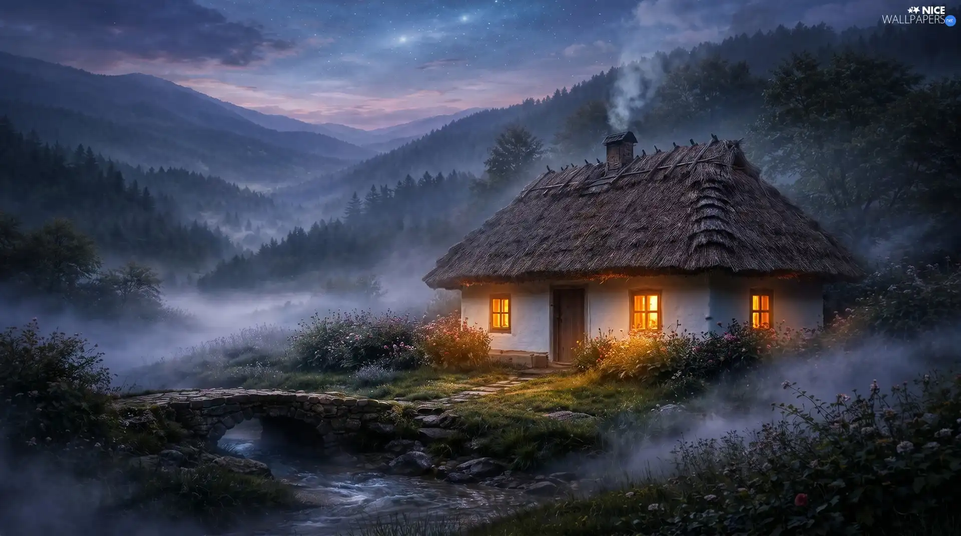 forested, bridges, Fog, stream, house, Mountains, Dusk