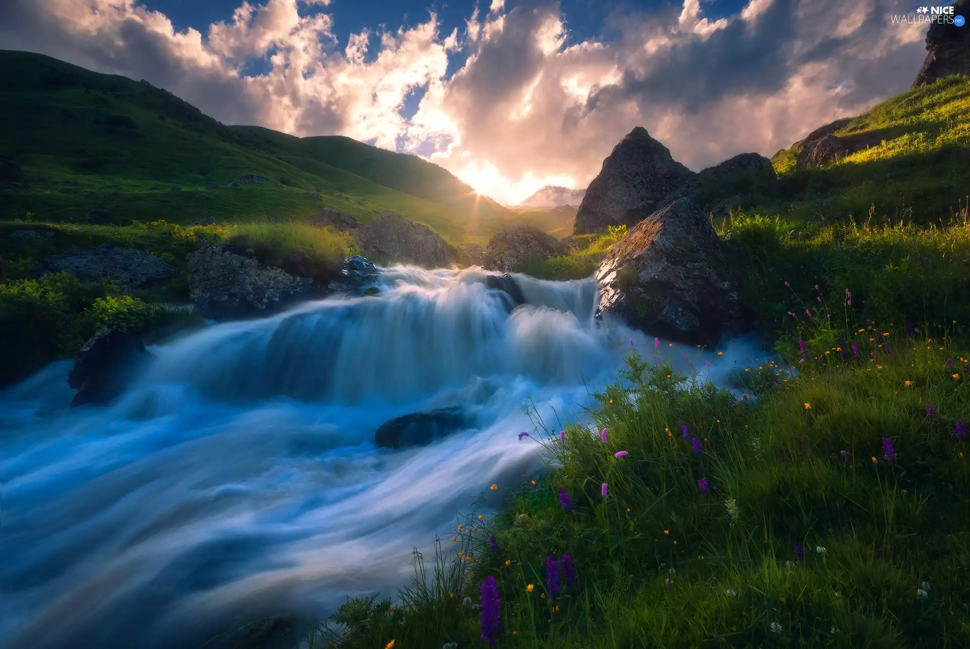 River, rocks, grass, stream, Mountains, Sunrise, Flowers