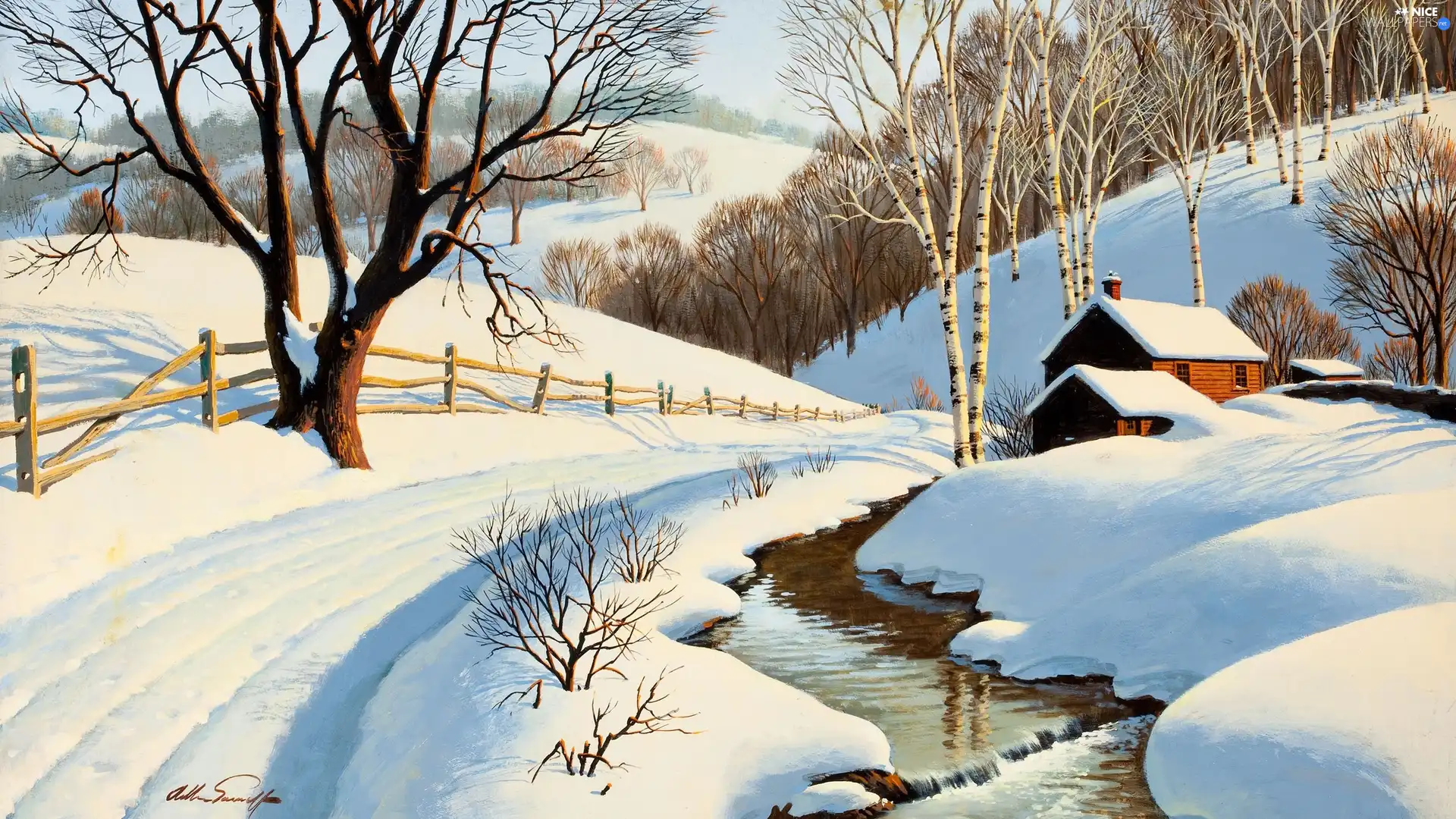 picture, Arthur Saron Sarnoff, Way, stream, winter