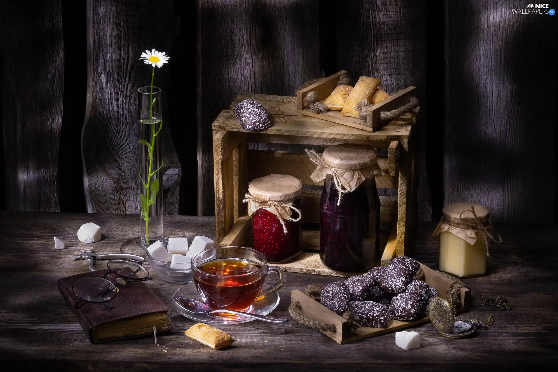 Glasses, Vase, cookies, Colourfull Flowers, boarding, Preparations, tea, box, Book, honey, Jars, Dark Background, Watch, cup, sugar