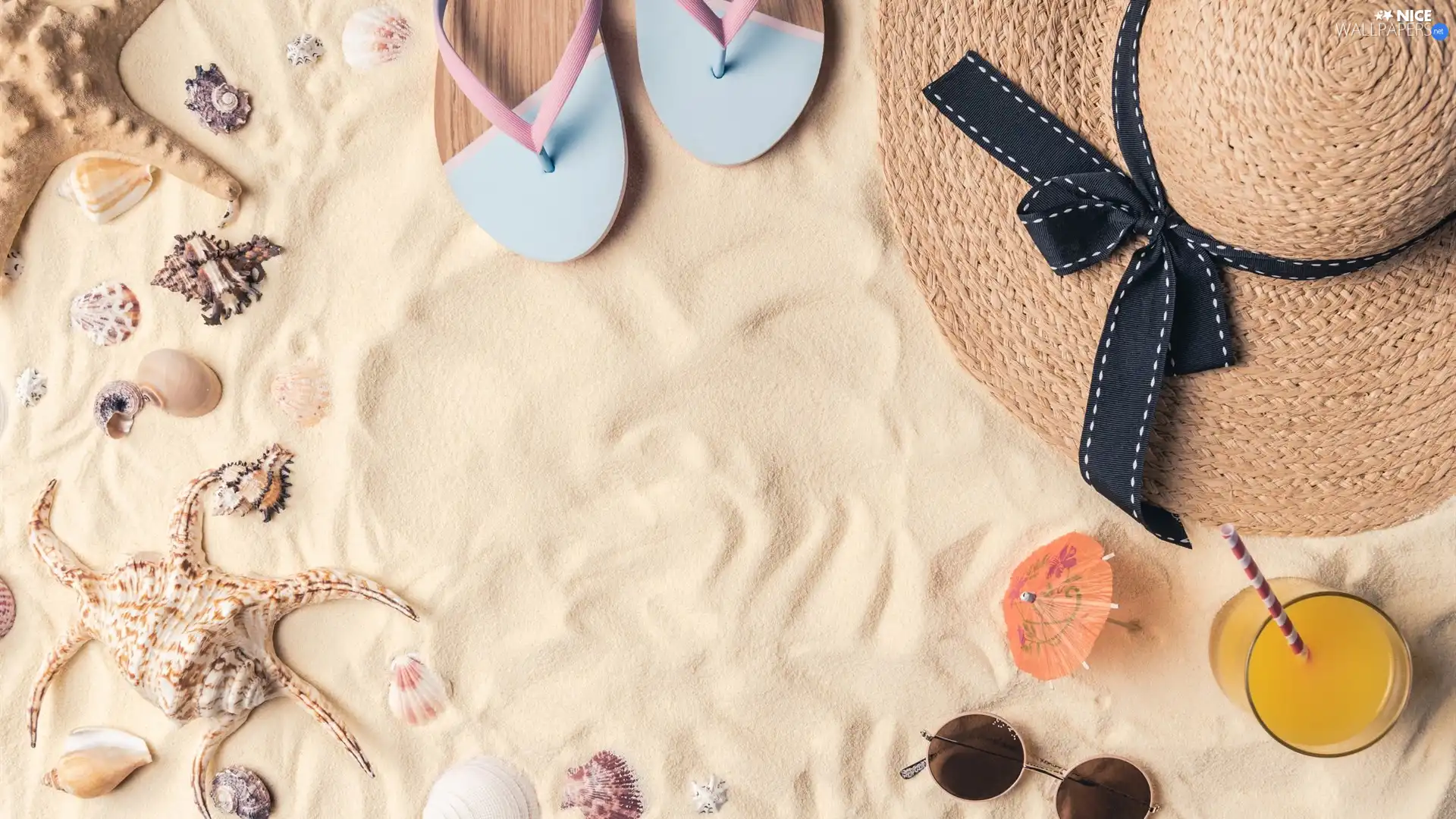 Shells, Flaps, composition, Glasses, holiday, Hat, Sand, summer