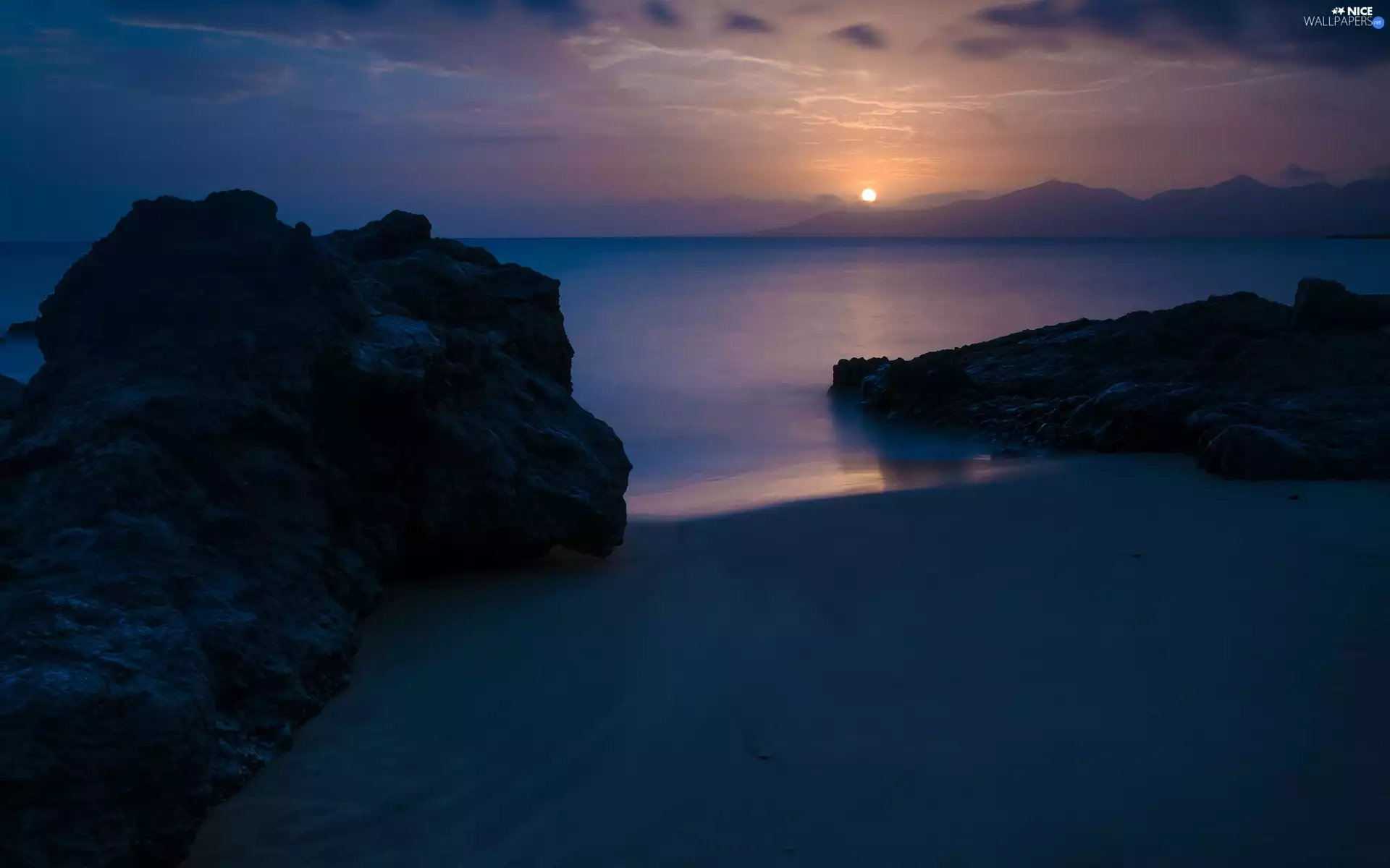 west, sun, Beaches, rocks, Ocean