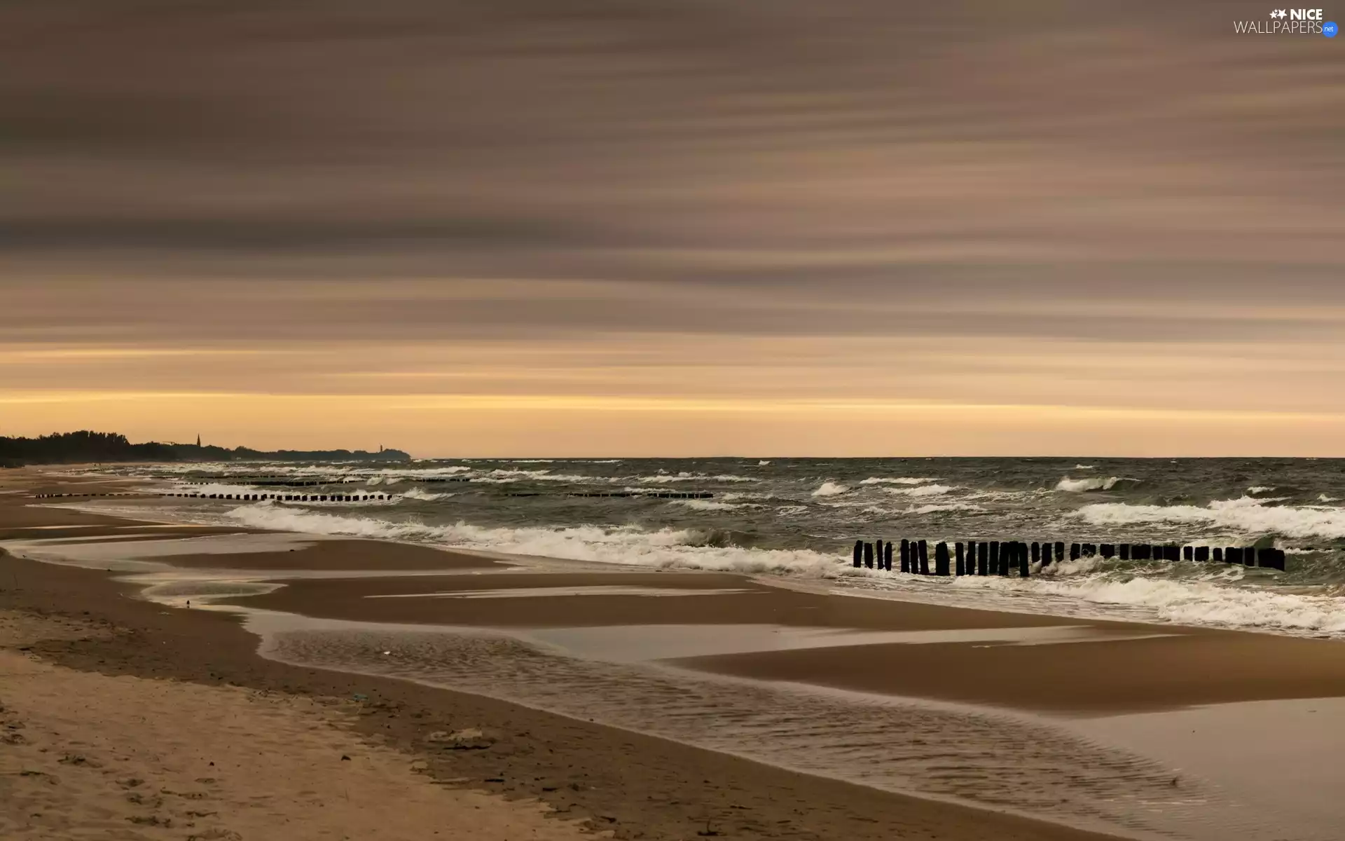 west, sun, Beaches, Waves, sea