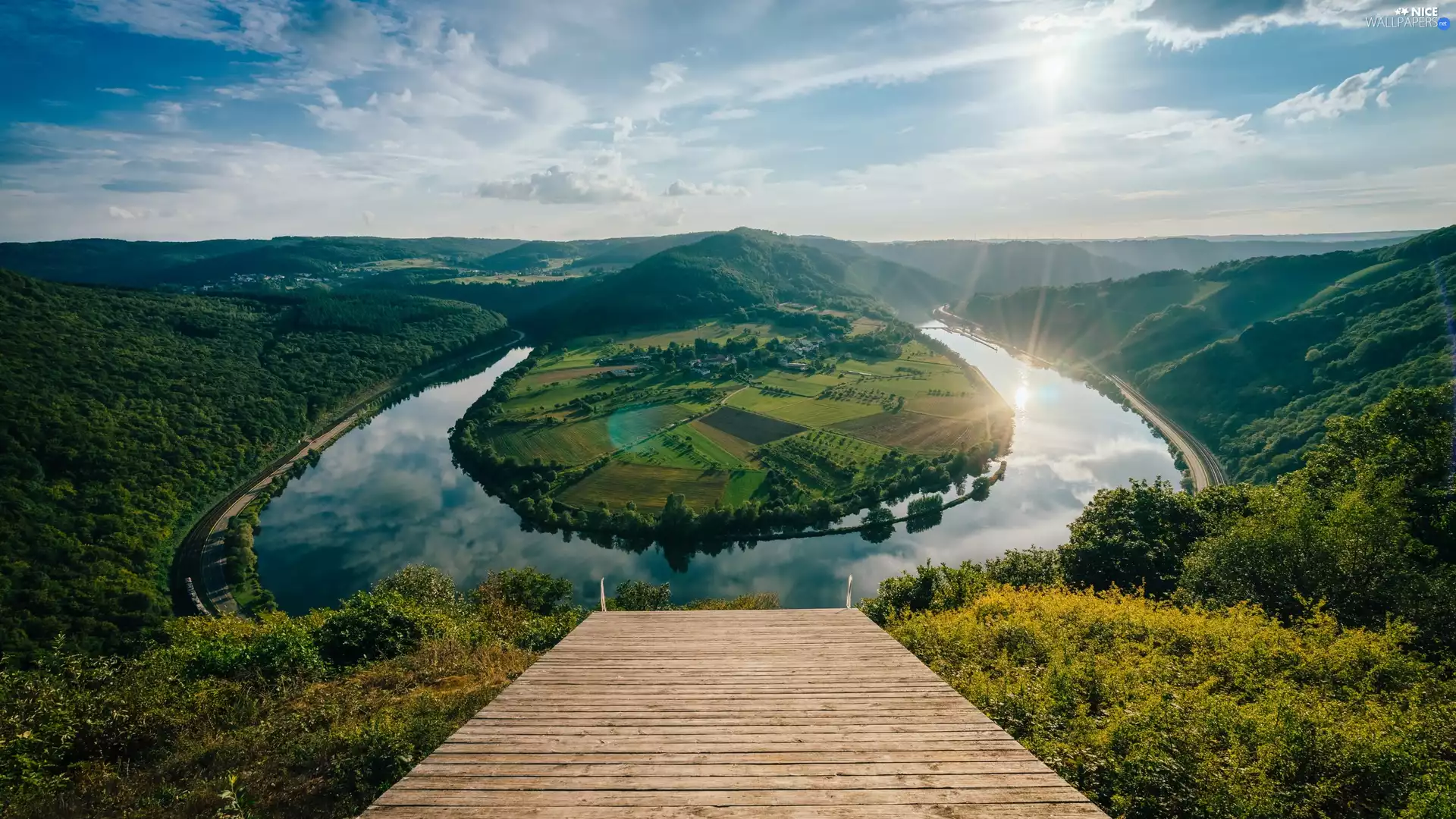 Hamm, Germany, River Saar, curve, rays of the Sun, The Hills, field, Houses, woods