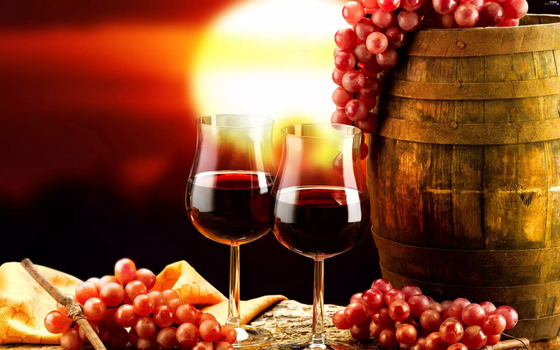 barrel, Wine, west, sun, grape, glasses