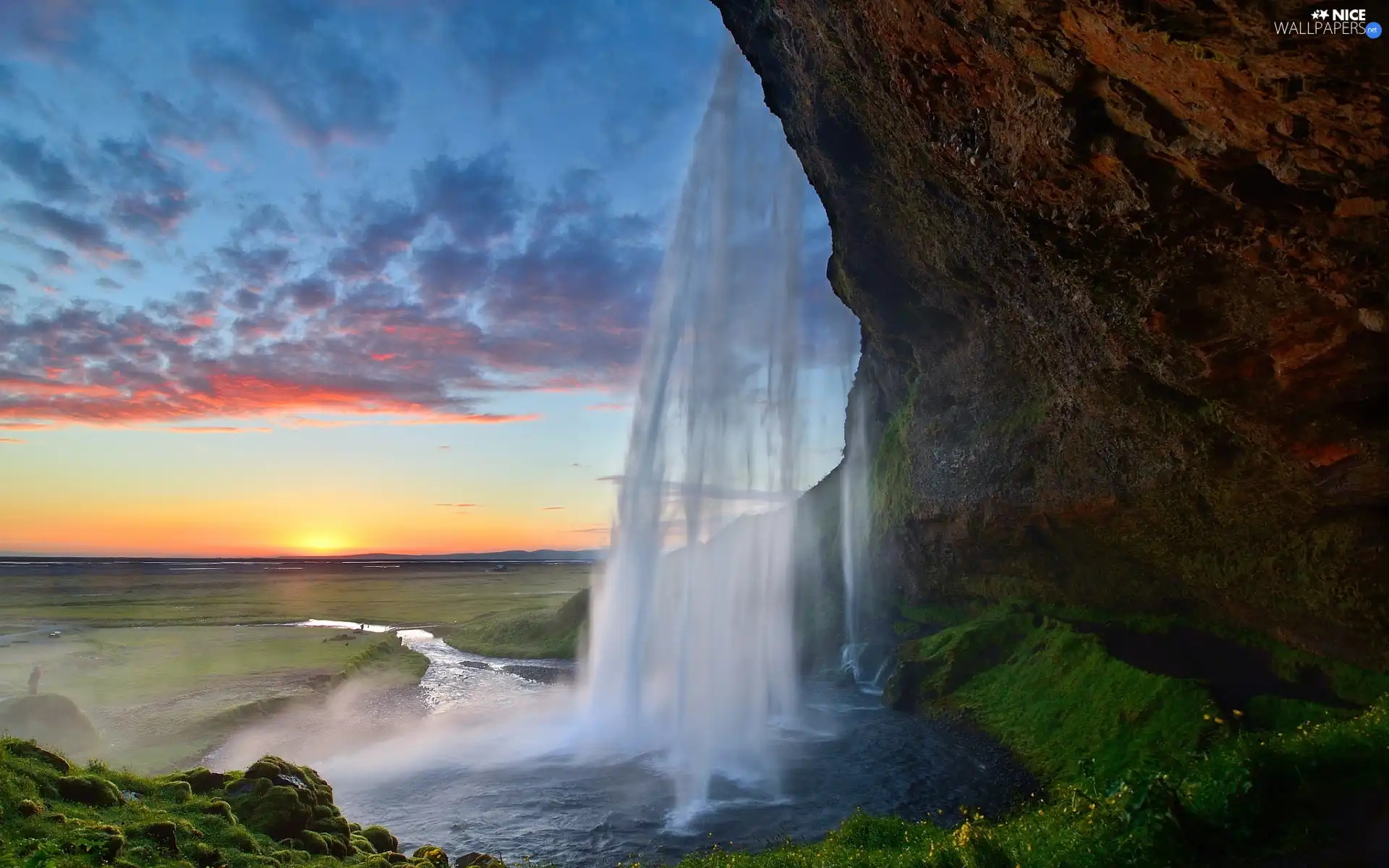 iceland, west, sun, waterfall