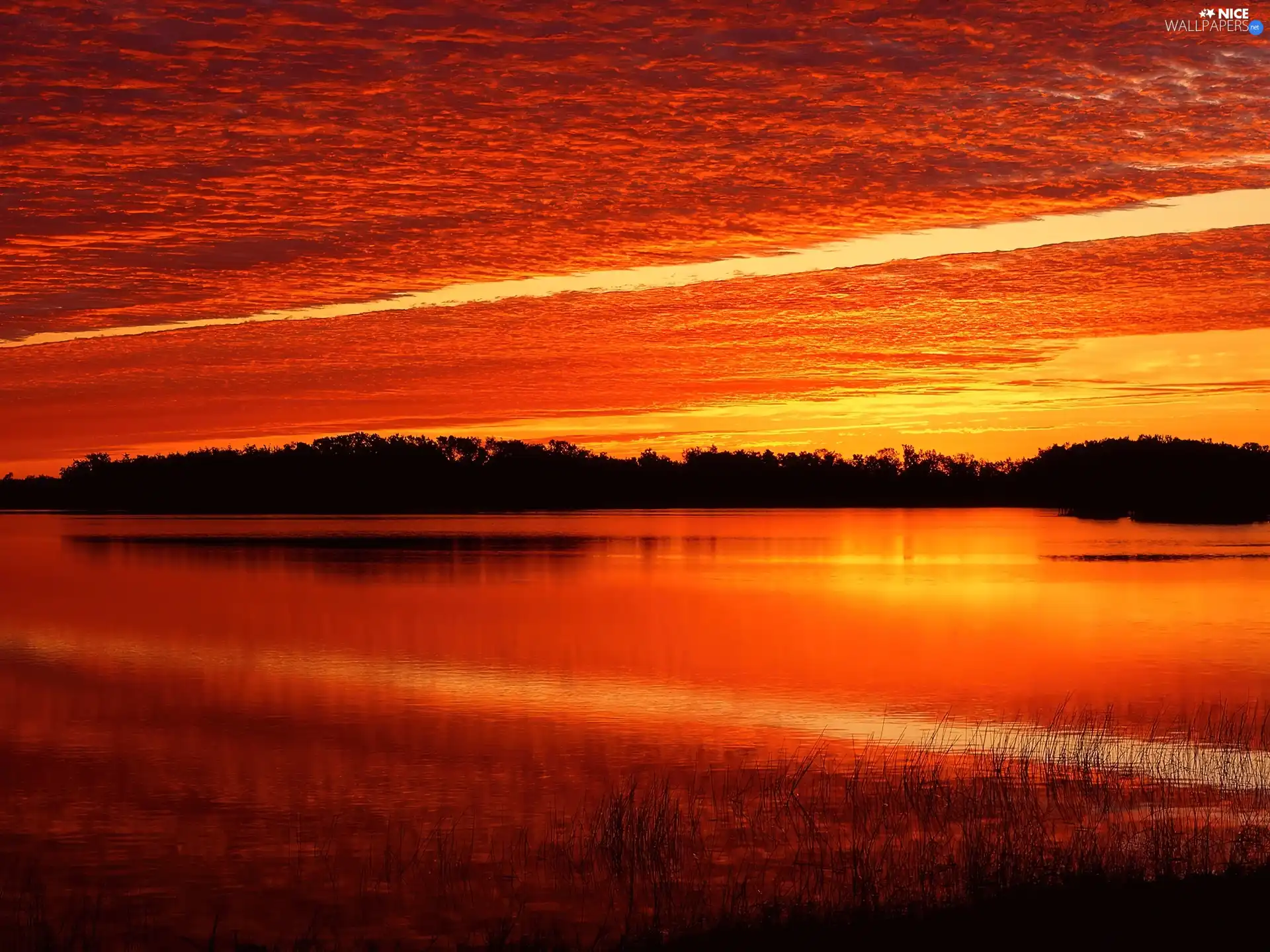 lake, west, sun, clouds