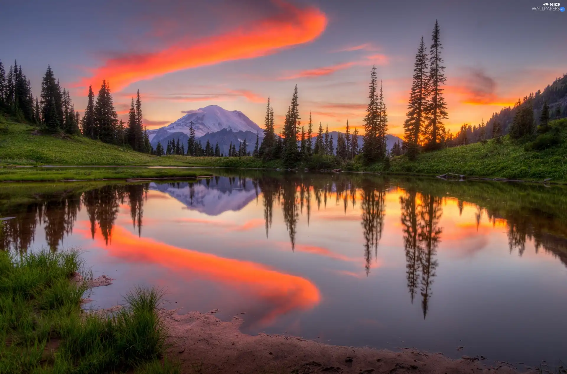 lake, west, sun, Mountains