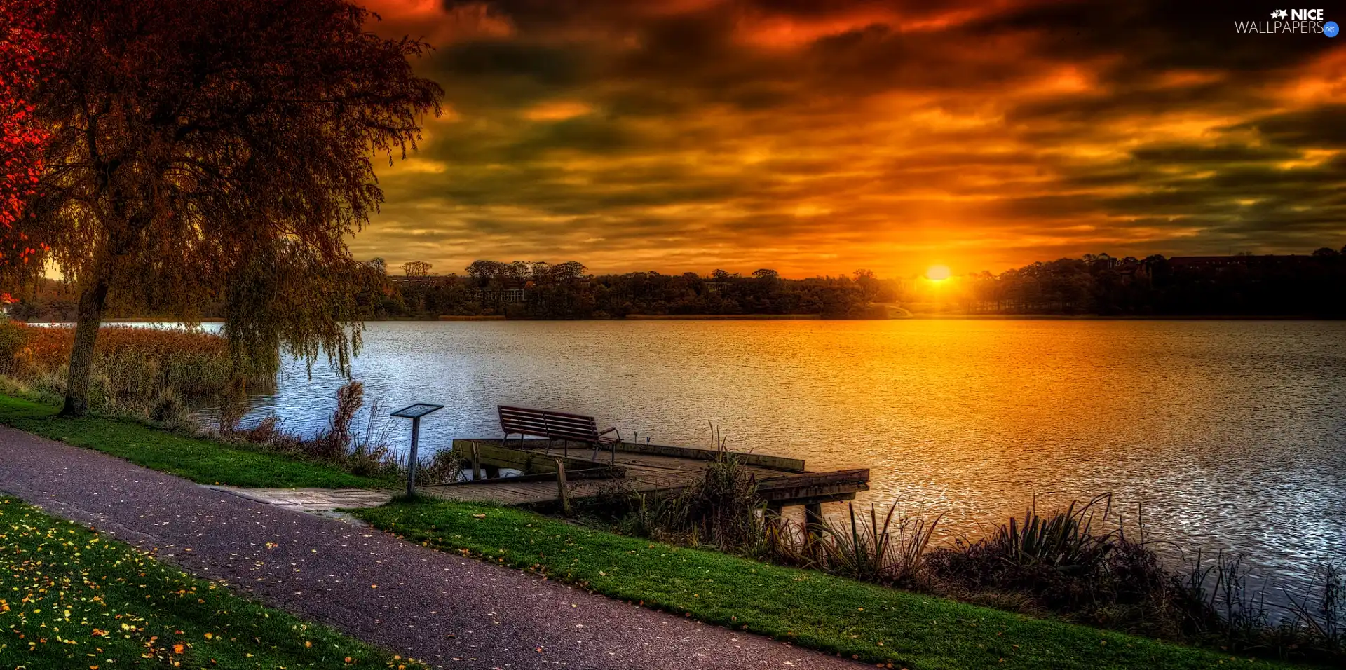 lake, west, sun, Platform