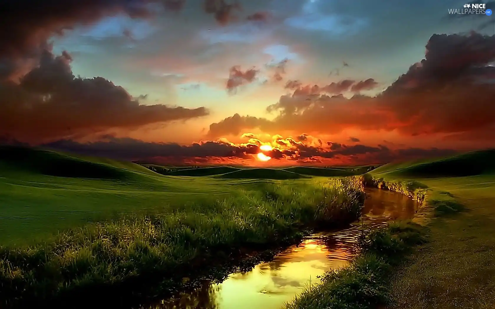 landscape, west, sun, stream