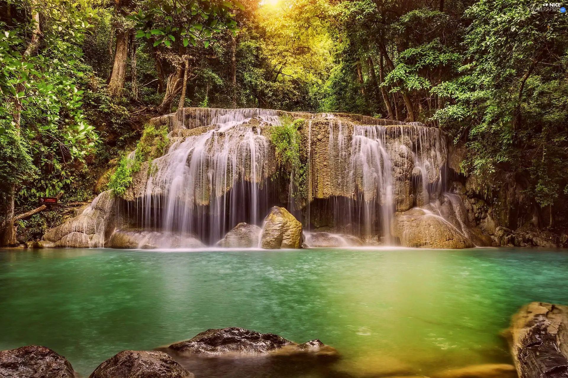 ligh, waterfall, flash, Przebijające, forest, sun, luminosity