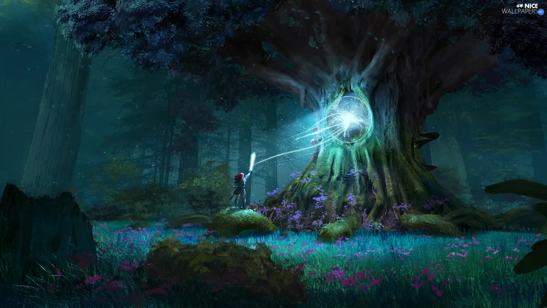 girl, sword, luminosity, ligh, flash, trees, fantasy, sun