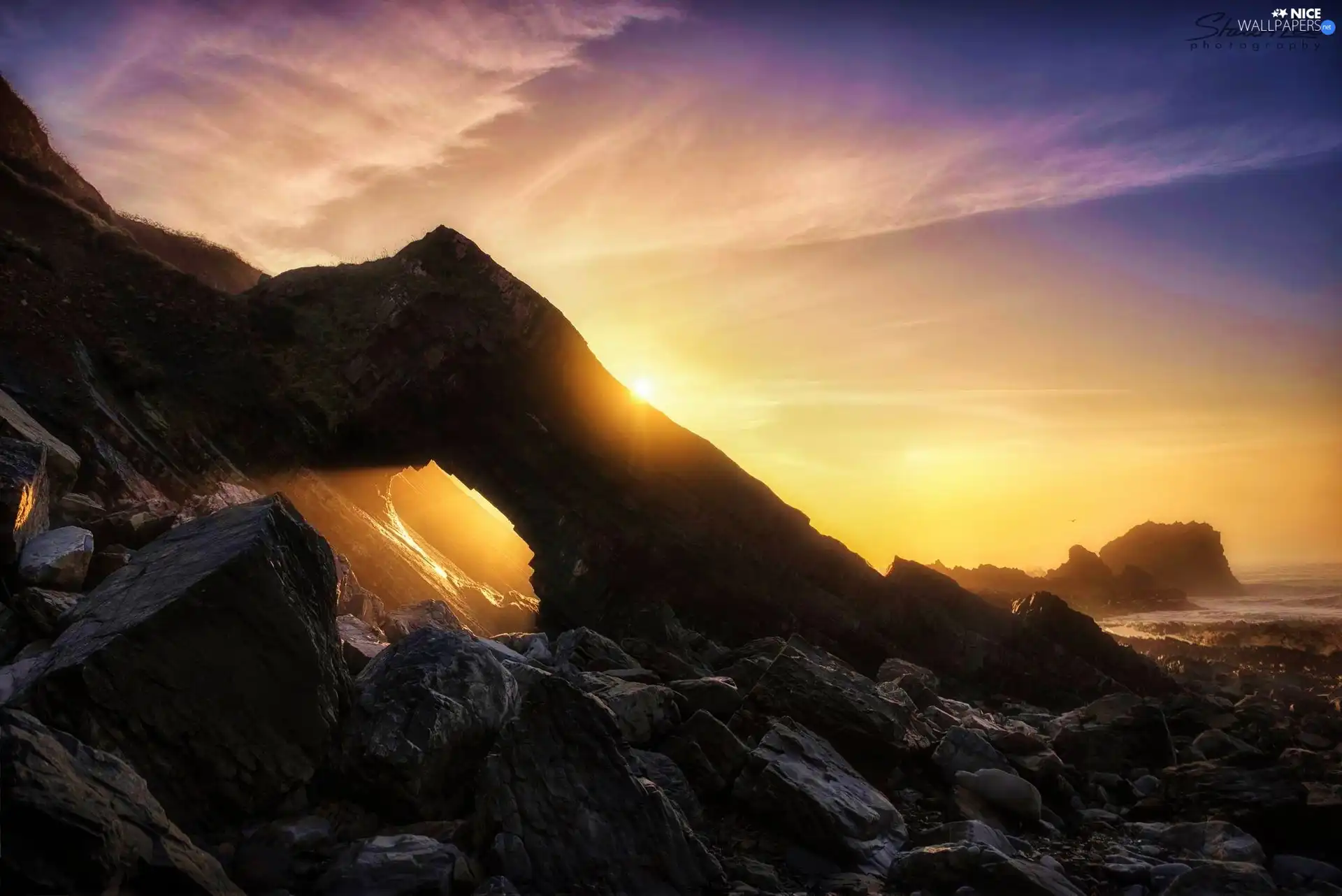 Mountains, west, sun, rocks