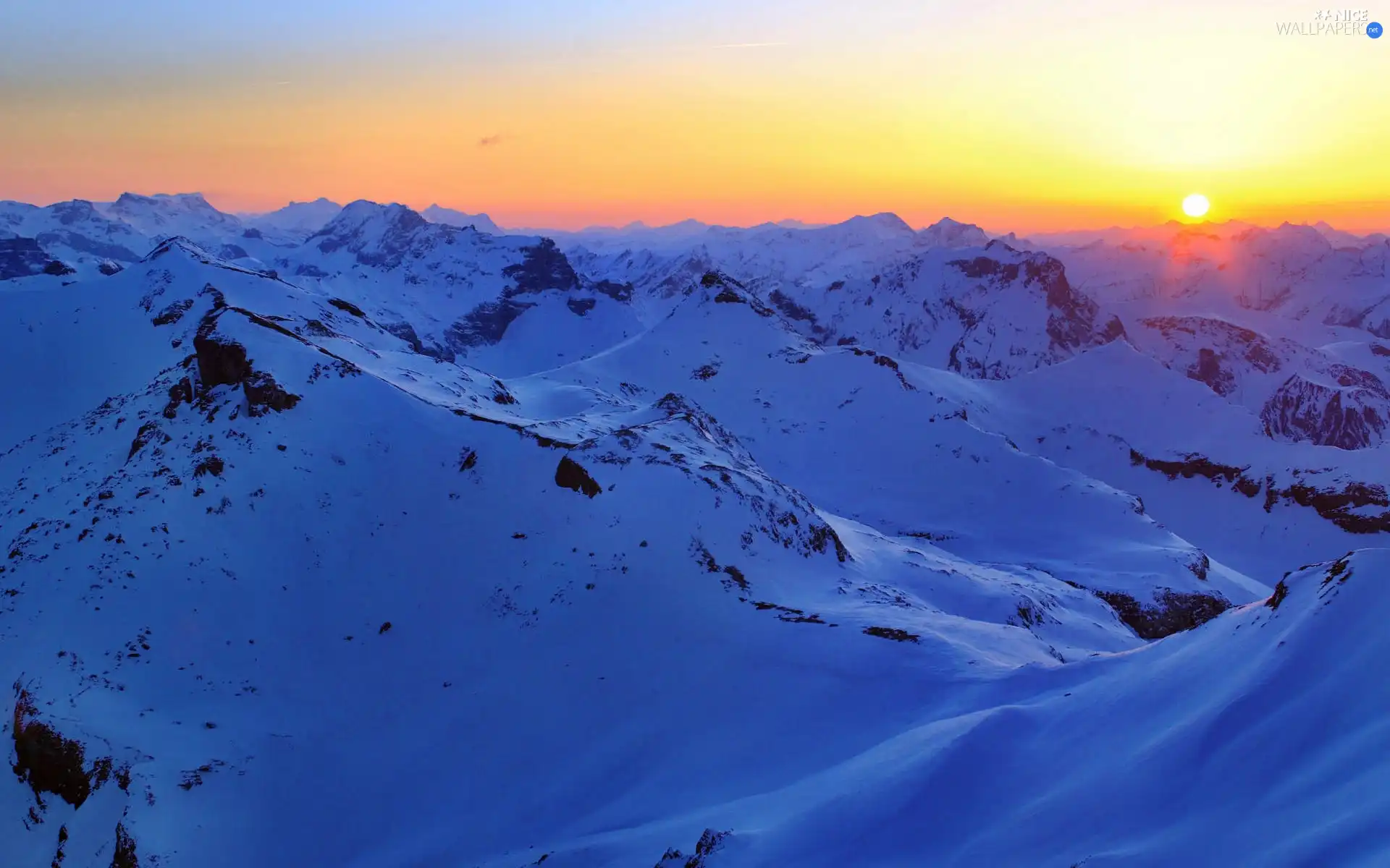 Mountains, west, sun, snow